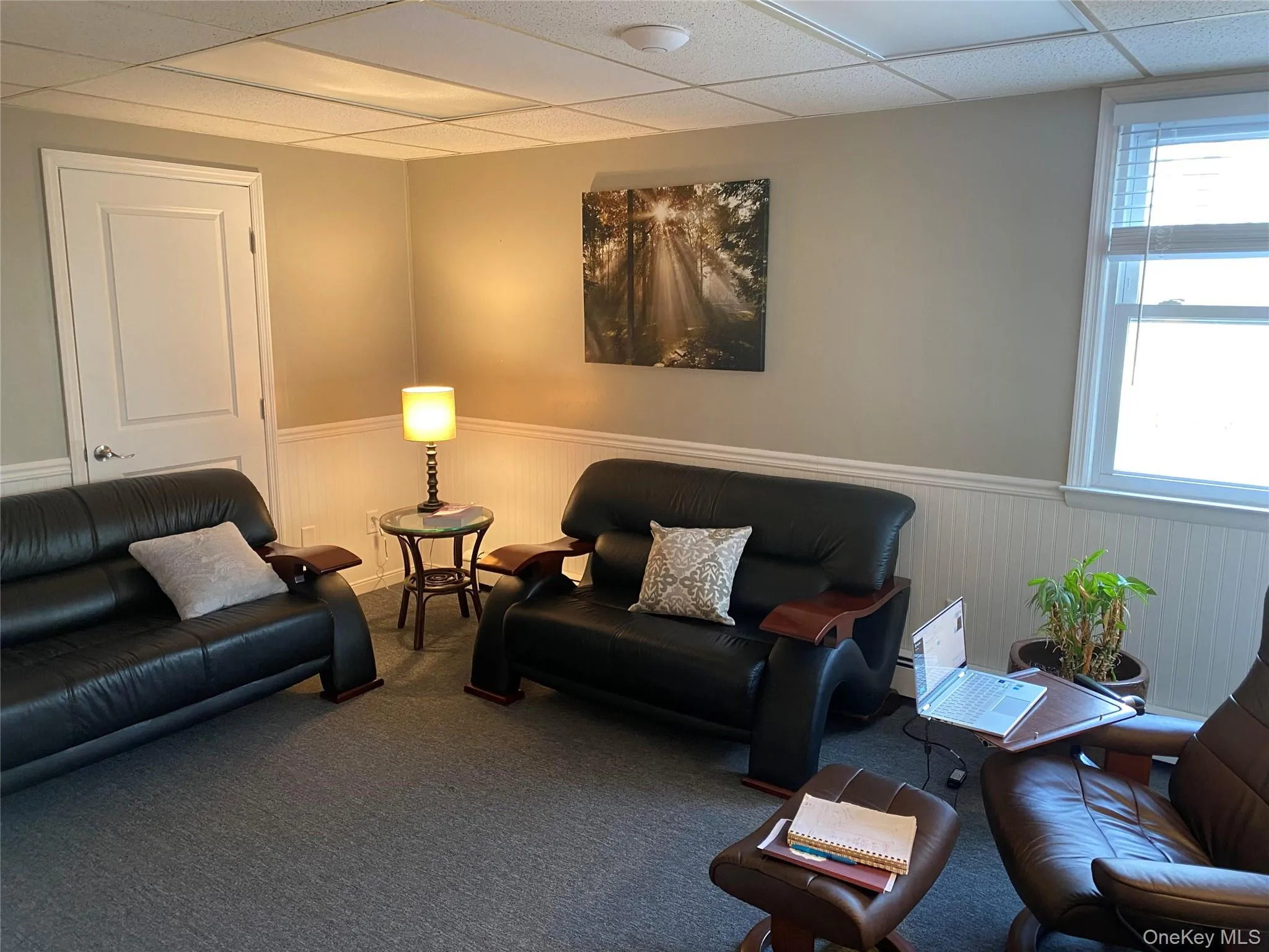 Living area featuring a wainscoted wall, a drop ceiling, and carpet flooring Living area featuring a wainscoted wall, a drop ceiling, and carpet flooring