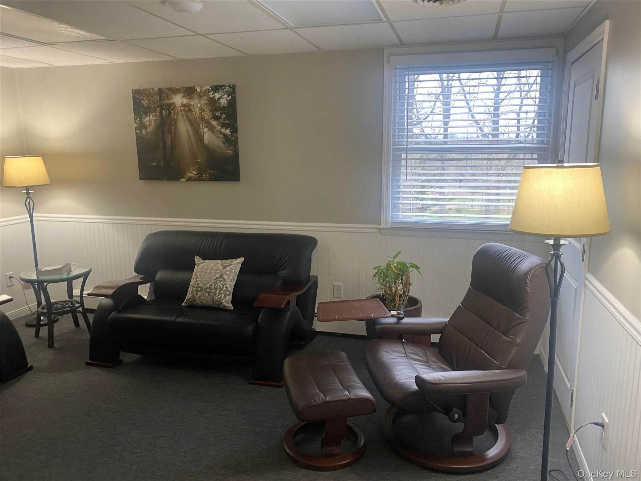 Sitting room featuring a wainscoted wall, a drop ceiling, and carpet flooring Sitting room featuring a wainscoted wall, a drop ceiling, and carpet flooring