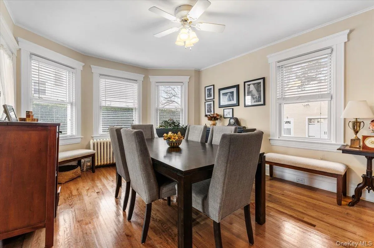 Dining space featuring ornamental molding, light wood-style flooring, radiator heating unit, and ceiling fan Dining space featuring ornamental molding, light wood-style flooring, radiator heating unit, and ceiling fan