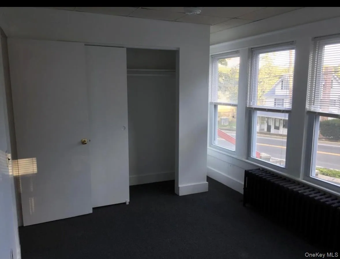 Unfurnished bedroom with radiator, a closet, and dark colored carpet Unfurnished bedroom with radiator, a closet, and dark colored carpet
