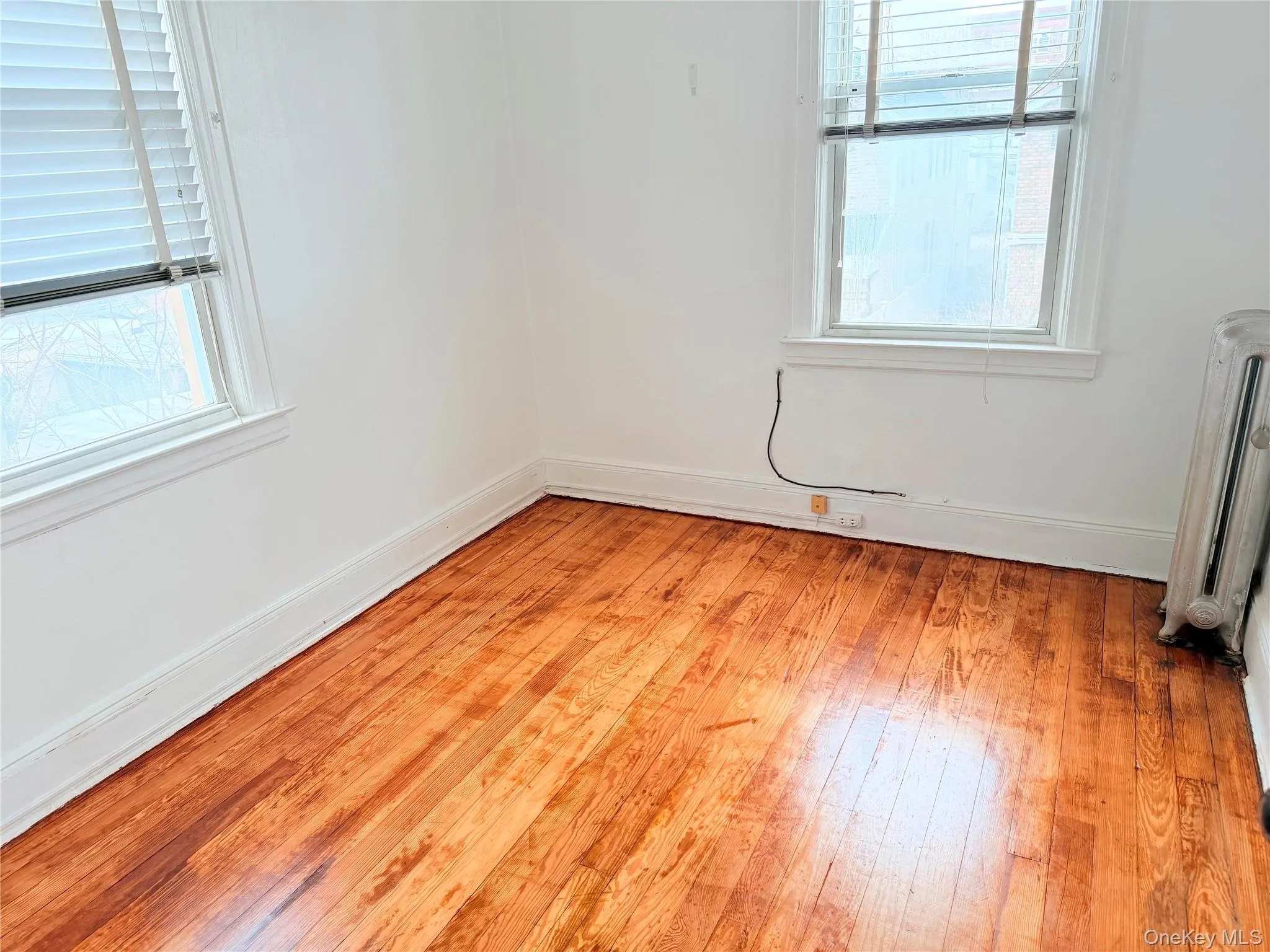 Empty room featuring radiator, light wood finished floors, and plenty of natural light Empty room featuring radiator, light wood finished floors, and plenty of natural light