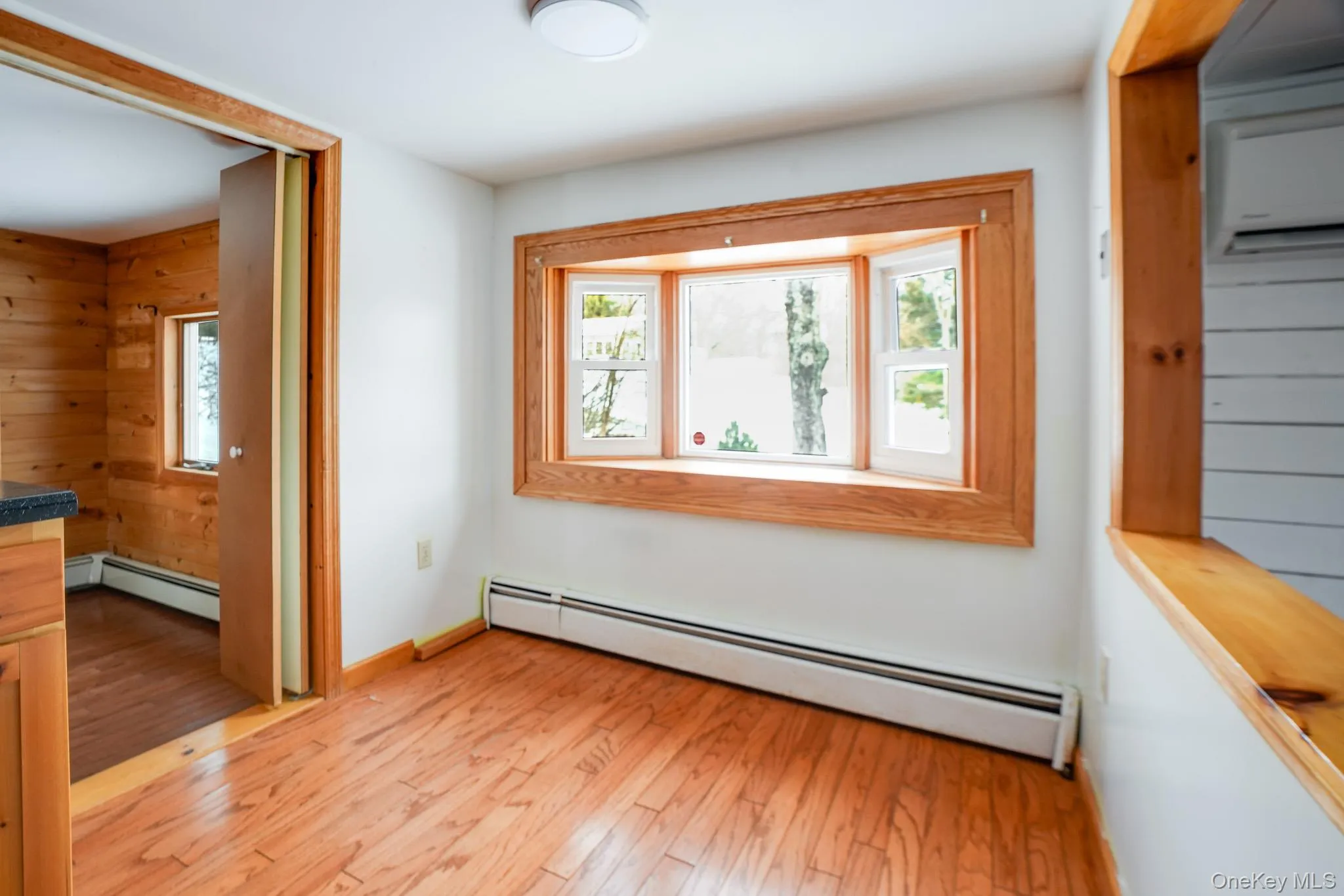 Spare room with baseboard heating, light wood-style floors, healthy amount of natural light, and a wall mounted AC Spare room with baseboard heating, light wood-style floors, healthy amount of natural light, and a wall mounted AC