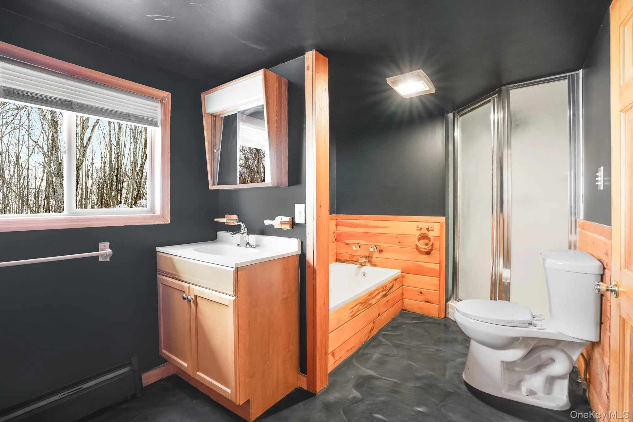 Full bathroom with vanity, a bath, a shower stall, a baseboard radiator, and a wainscoted wall Full bathroom with vanity, a bath, a shower stall, a baseboard radiator, and a wainscoted wall