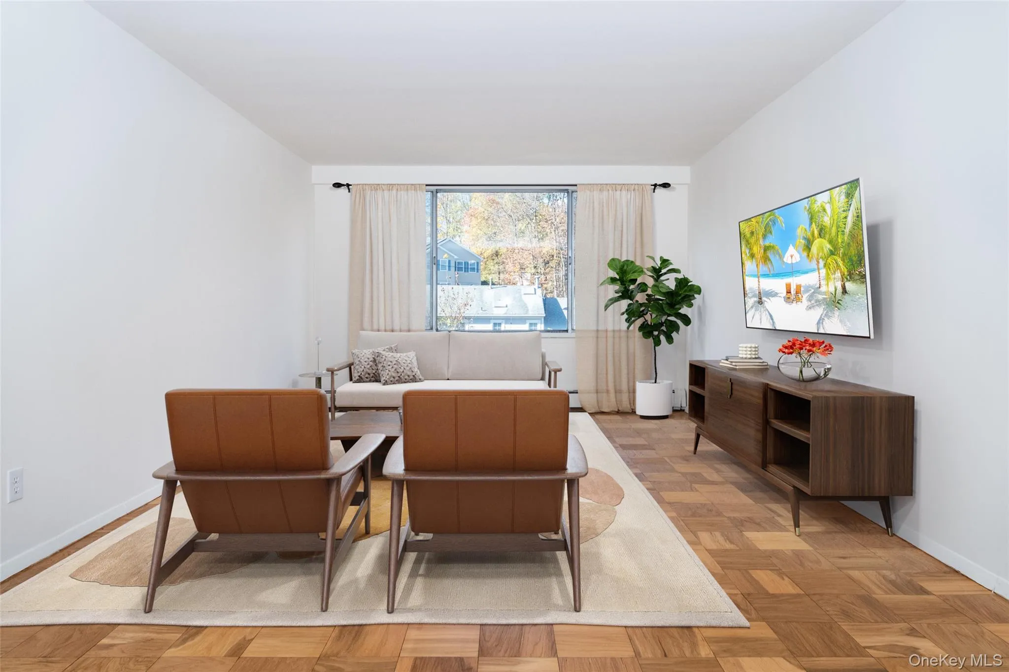Virtually staged - living room facing windows Virtually staged - living room facing windows