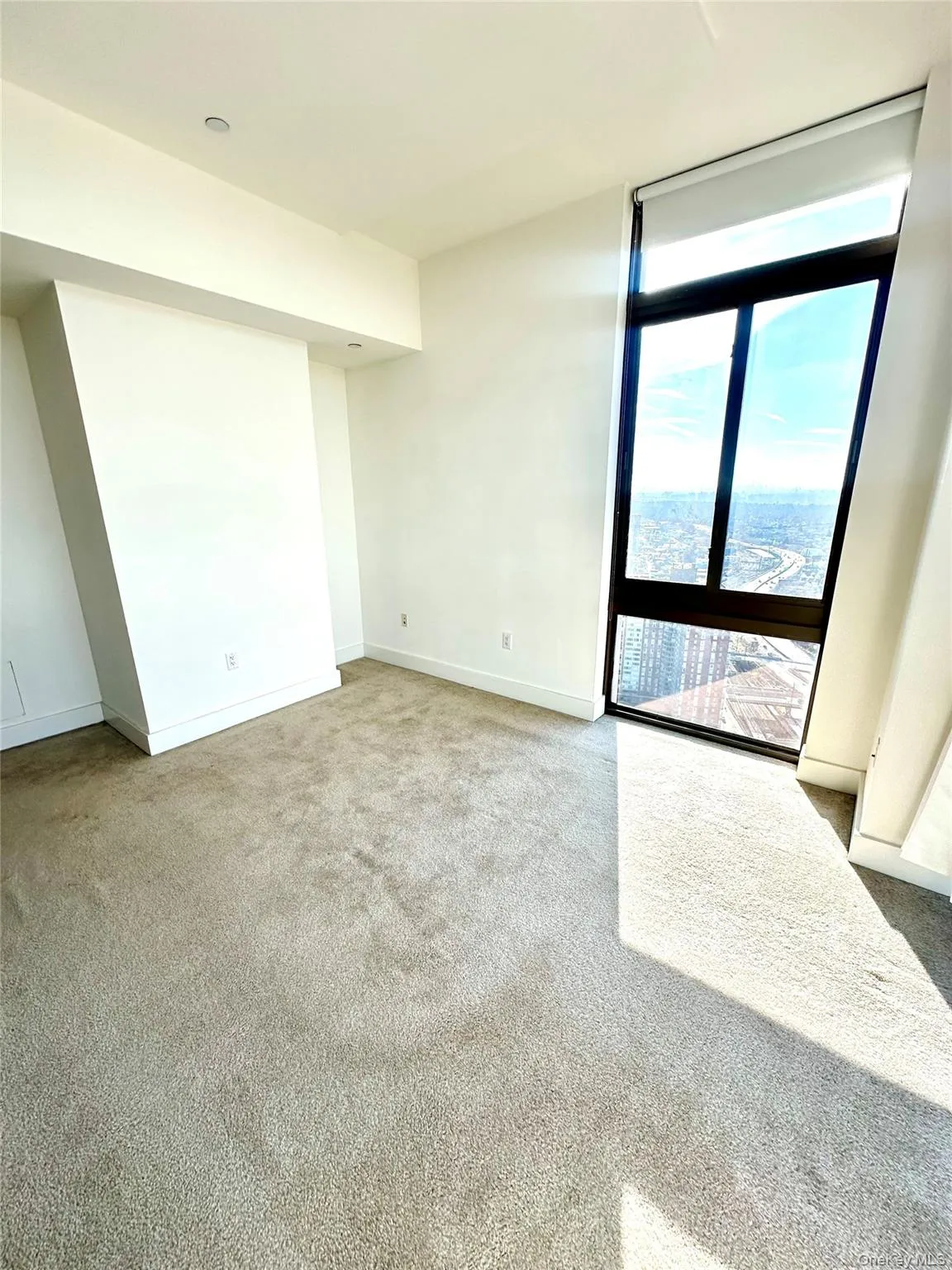 Empty room featuring light carpet and a wall of windows Empty room featuring light carpet and a wall of windows