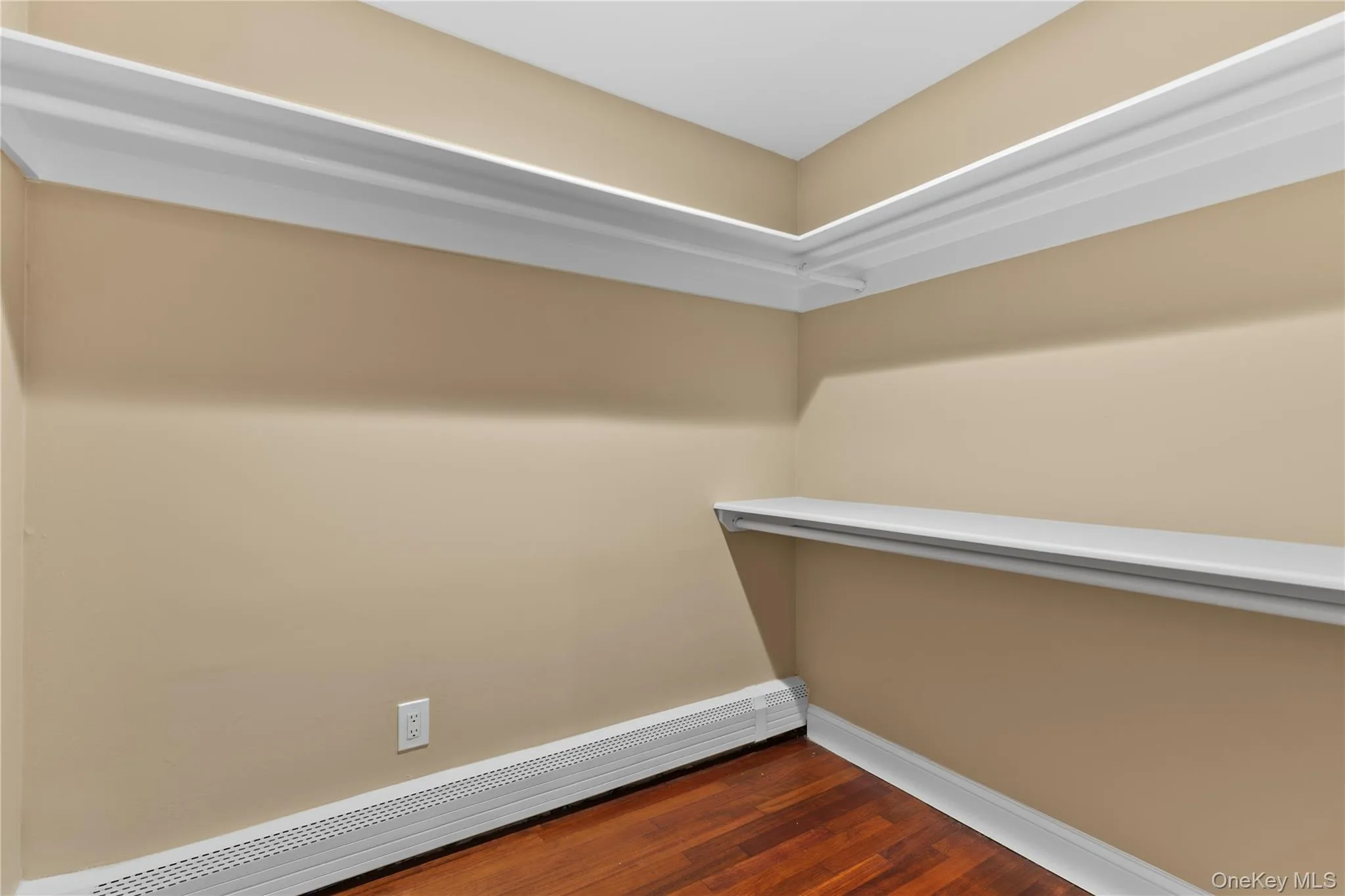 Walk in closet featuring a baseboard radiator and dark wood-style floors Walk in closet featuring a baseboard radiator and dark wood-style floors