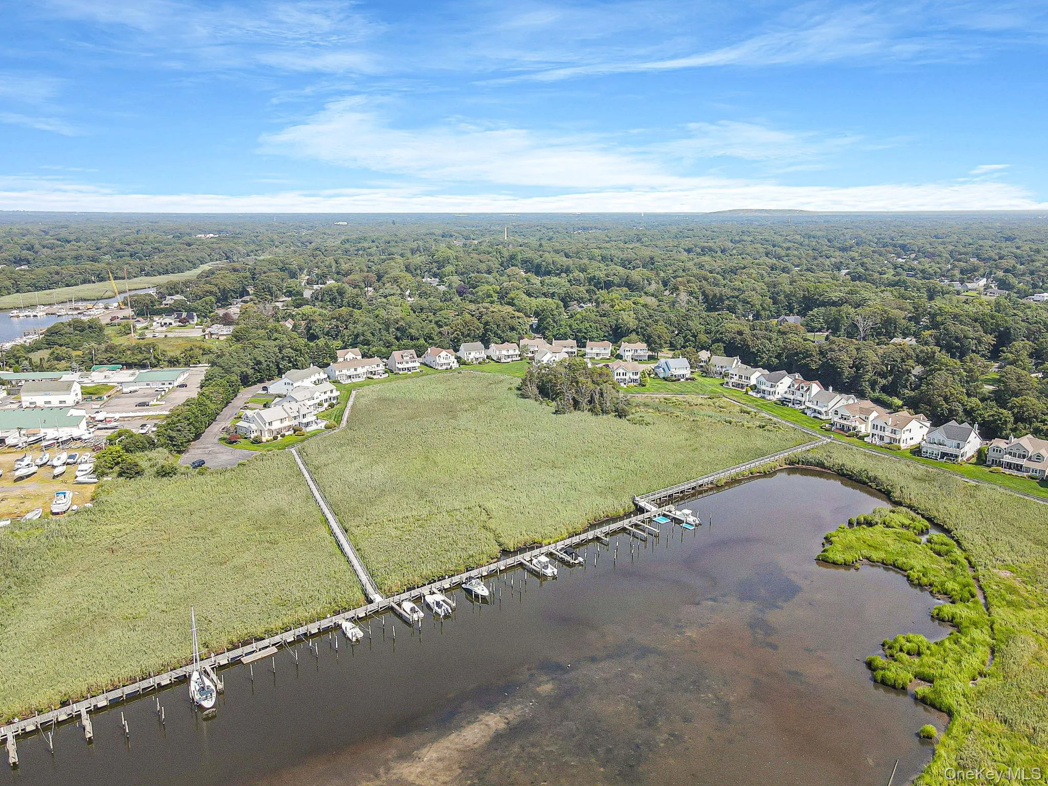 Bird's eye view of a large body of water and a heavily wooded area Bird's eye view of a large body of water and a heavily wooded area