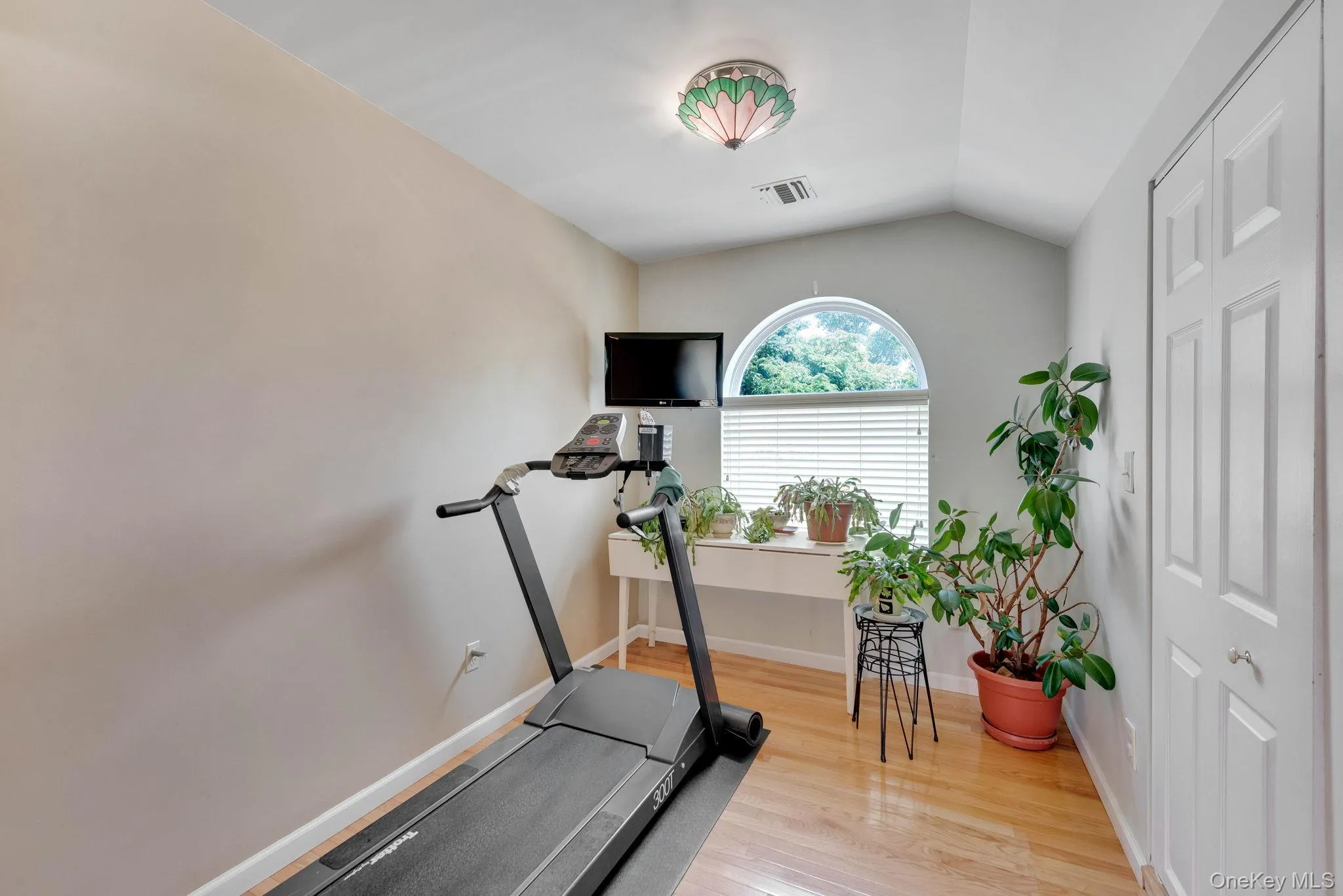 Workout area featuring vaulted ceiling and light wood-style flooring Workout area featuring vaulted ceiling and light wood-style flooring