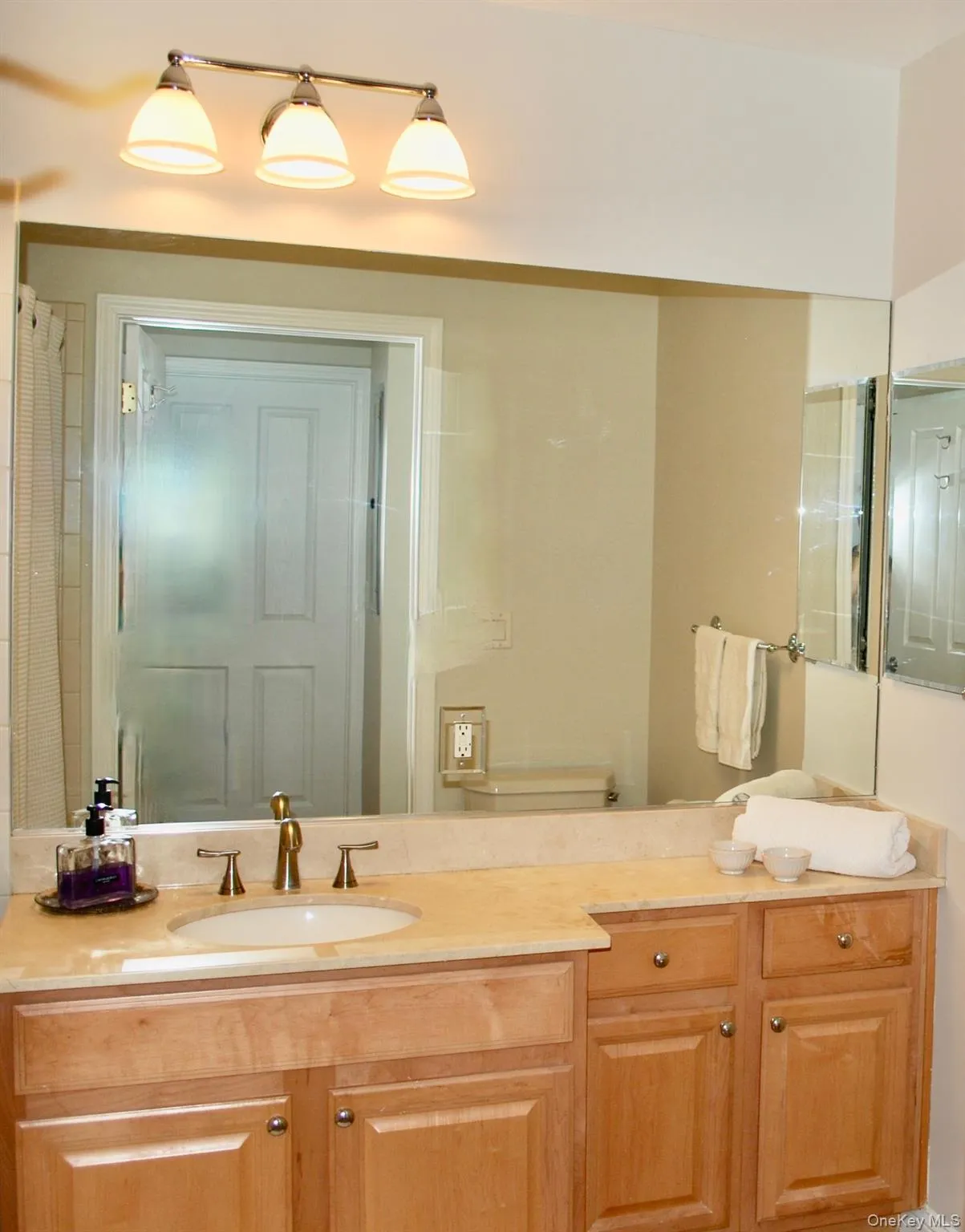 Bathroom featuring vanity and curtained shower Bathroom featuring vanity and curtained shower