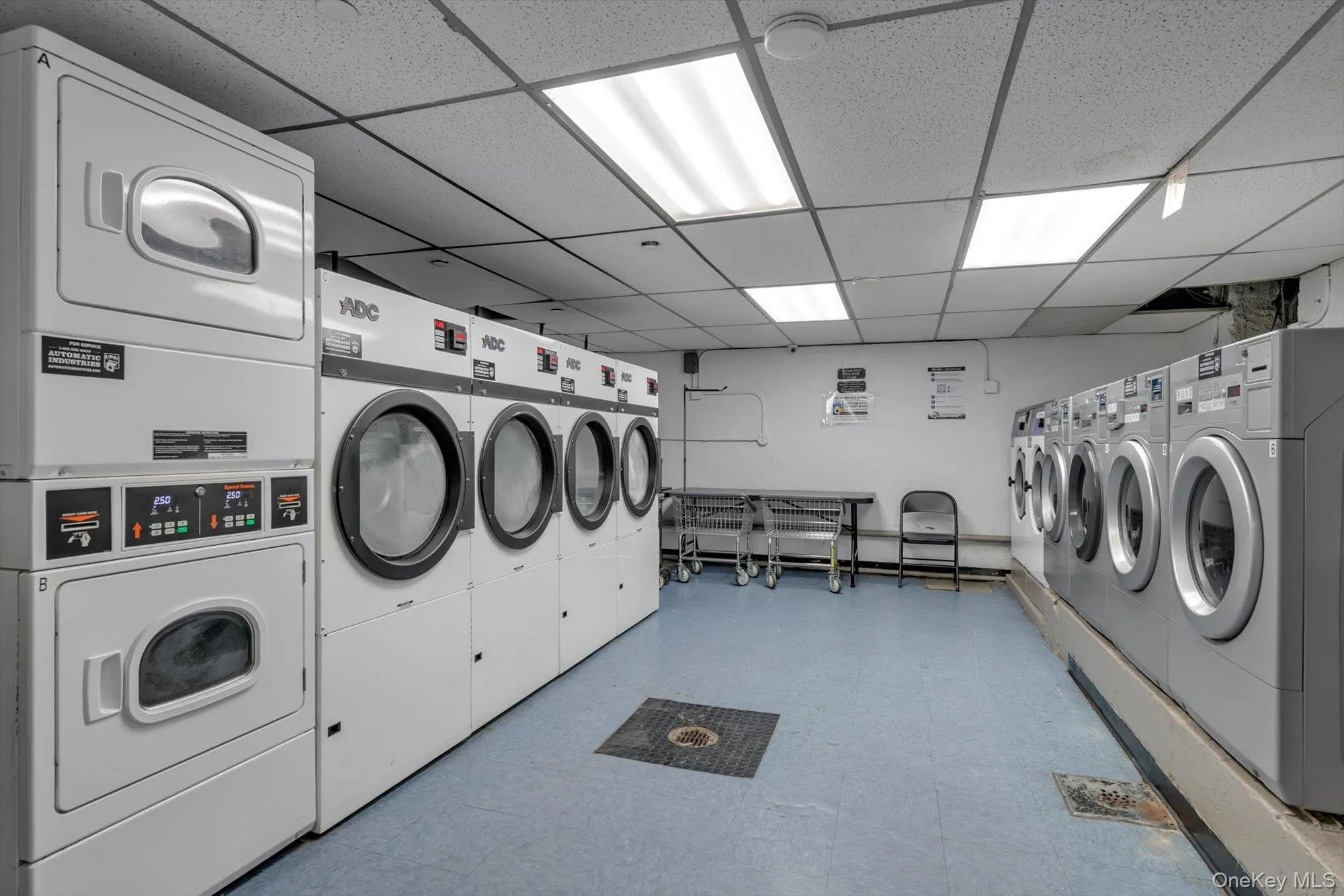 Washroom featuring a paneled ceiling, stacked washer / drying machine, and washing machine and clothes dryer Washroom featuring a paneled ceiling, stacked washer / drying machine, and washing machine and clothes dryer