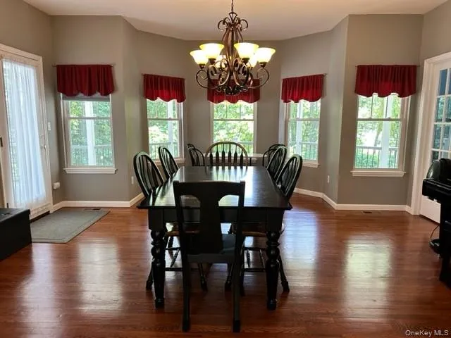 Dining area featuring a chandelier, plenty of natural light, and dark wood finished floors Dining area featuring a chandelier, plenty of natural light, and dark wood finished floors