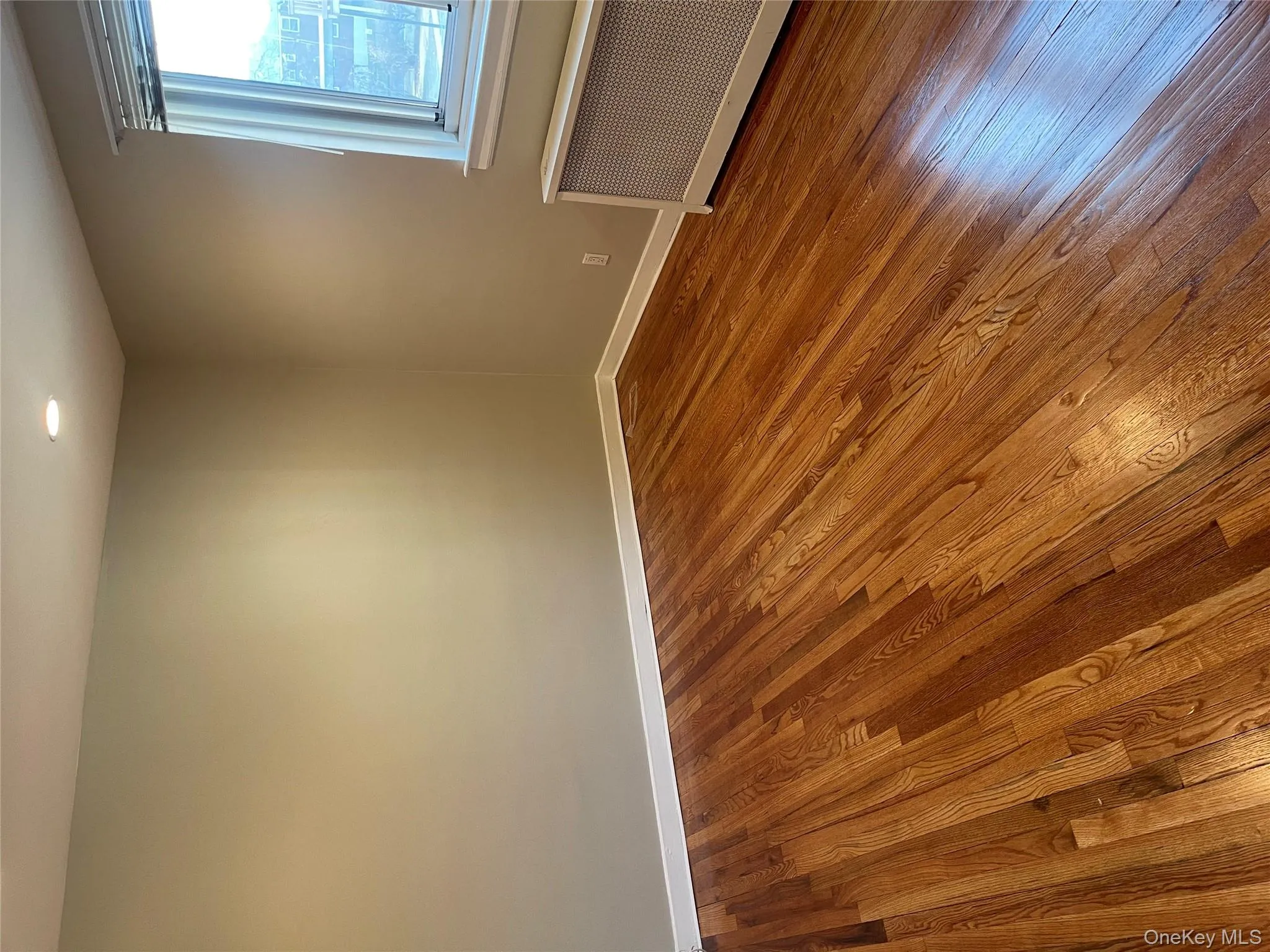 Unfurnished room with radiator and dark wood-style flooring Unfurnished room with radiator and dark wood-style flooring