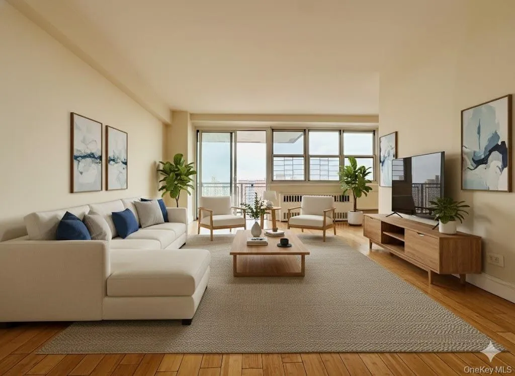 Living area featuring radiator heating unit and hardwood / wood-style flooring Living area featuring radiator heating unit and hardwood / wood-style flooring