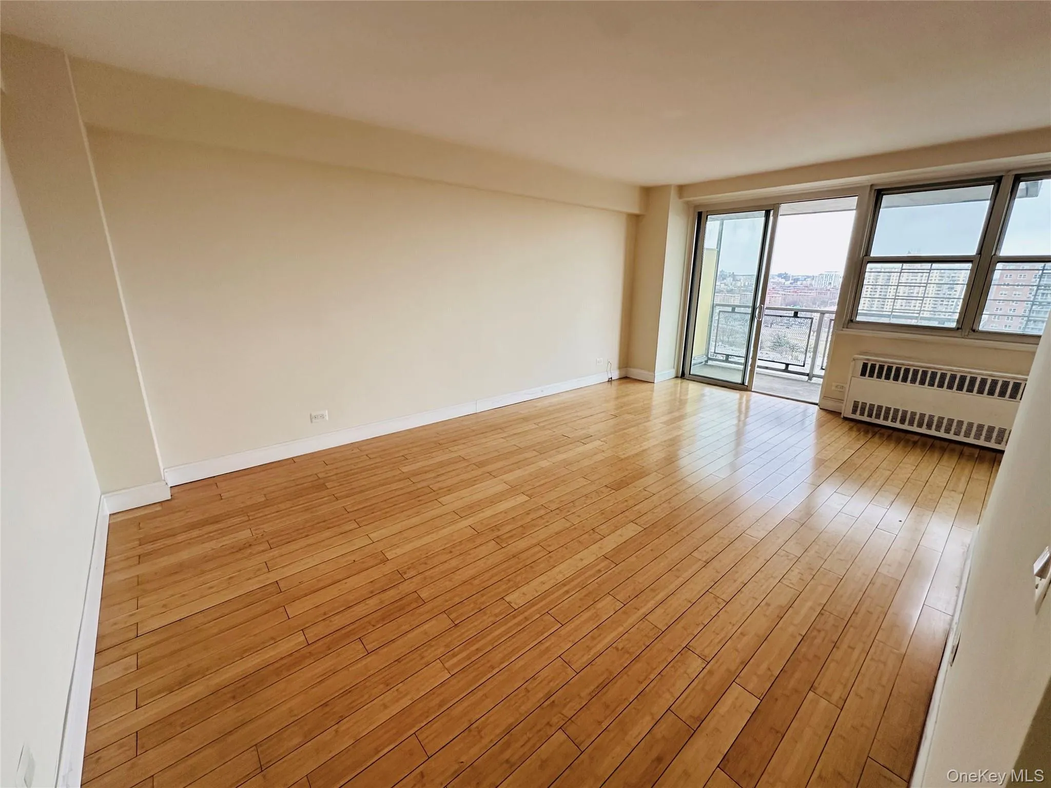 Unfurnished room featuring light wood-style floors and radiator heating unit Unfurnished room featuring light wood-style floors and radiator heating unit