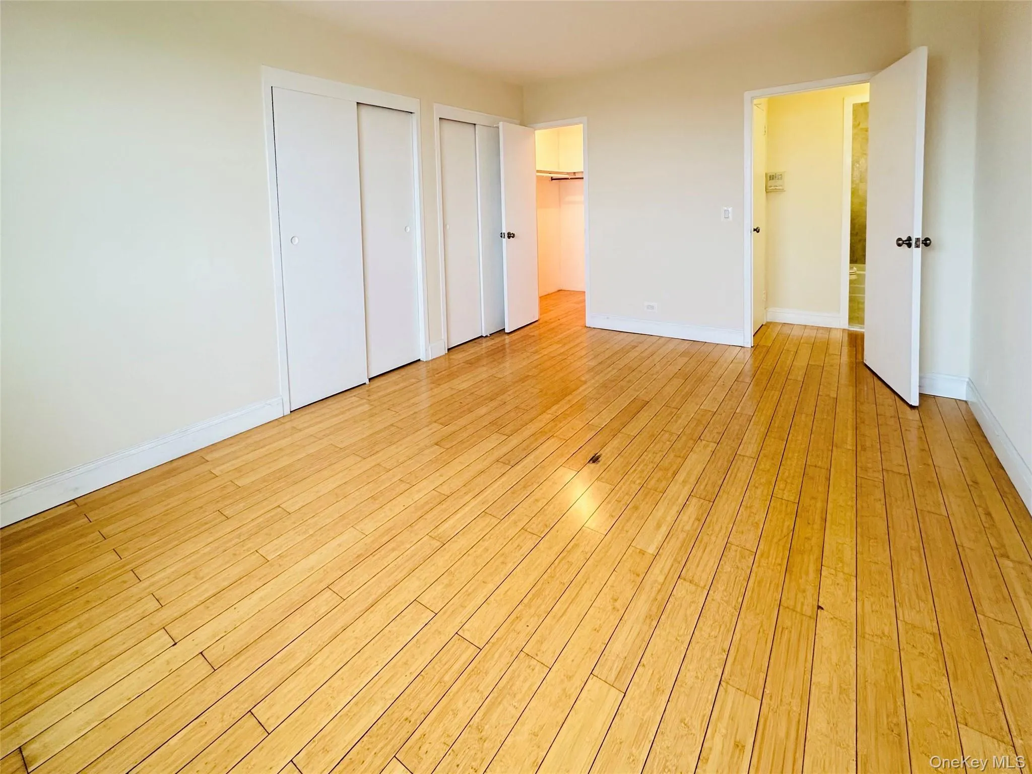 Unfurnished bedroom featuring light wood-style floors and two closets Unfurnished bedroom featuring light wood-style floors and two closets
