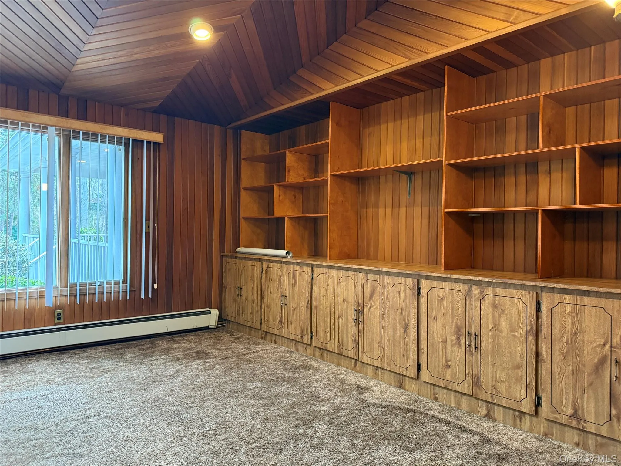 Carpeted spare room featuring wooden ceiling, a baseboard heating unit, and wooden walls Carpeted spare room featuring wooden ceiling, a baseboard heating unit, and wooden walls
