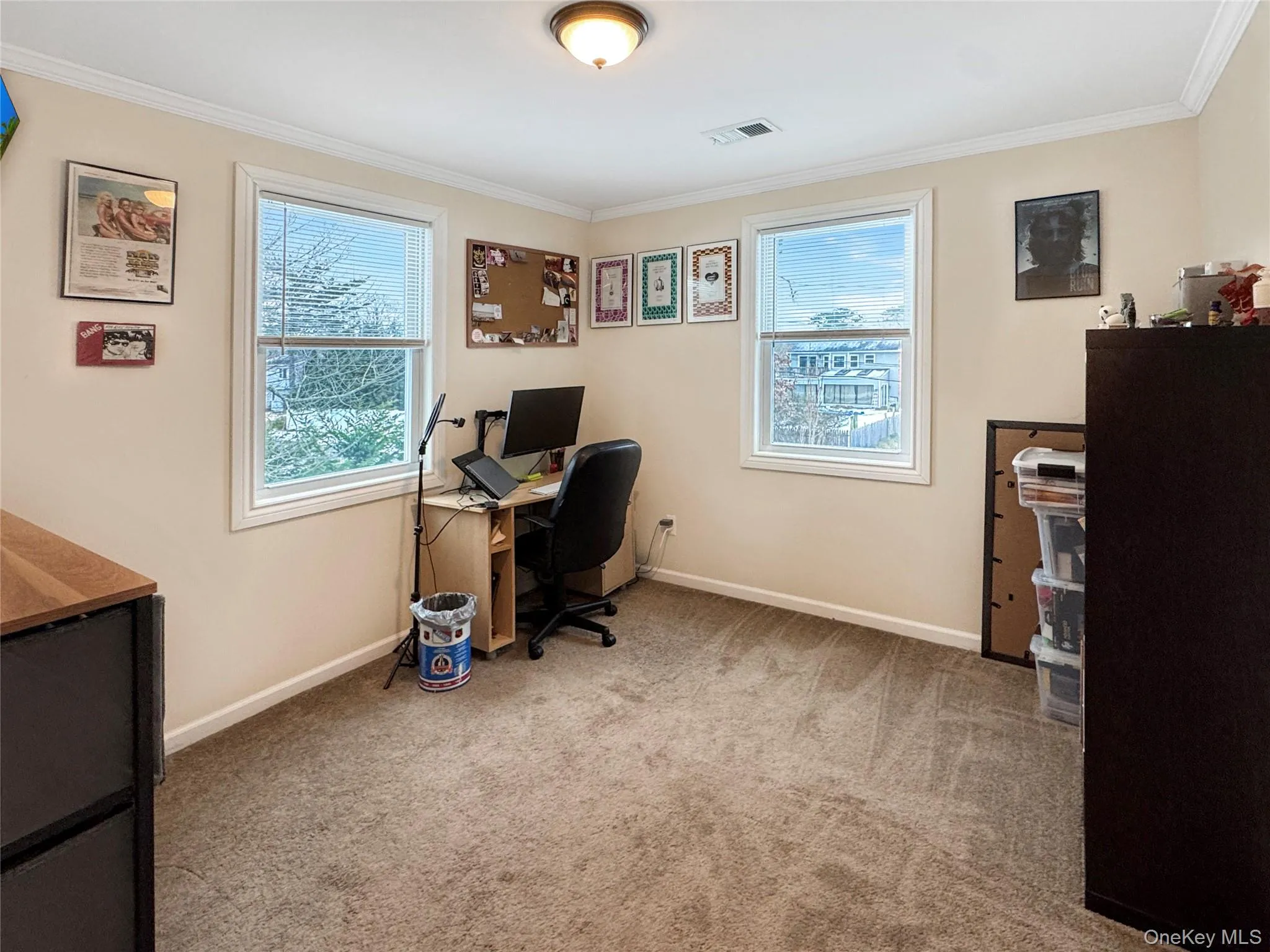 Home office featuring light colored carpet and crown molding Home office featuring light colored carpet and crown molding