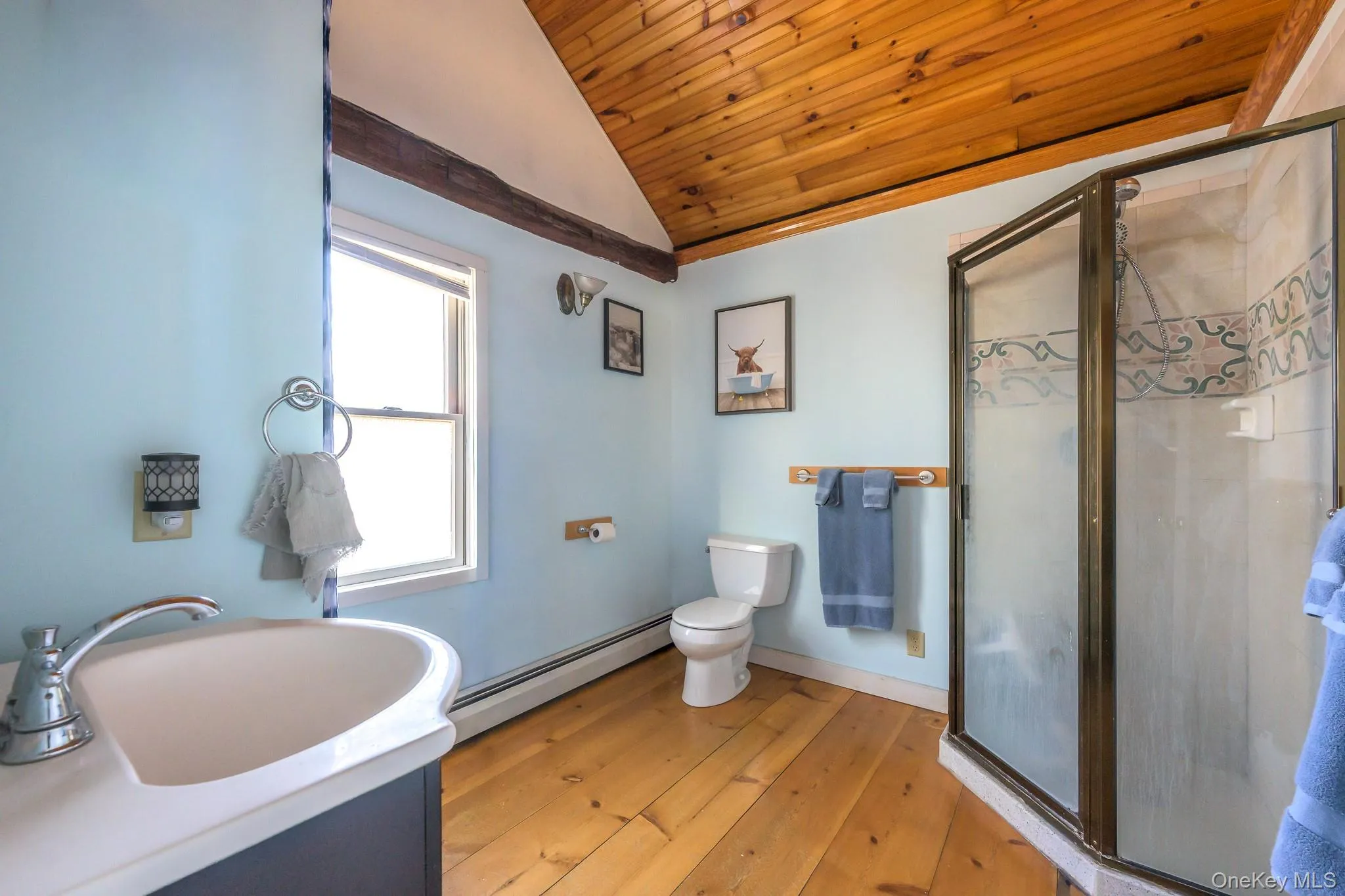 Bathroom featuring vanity, wooden ceiling, baseboard heating, a shower stall, and light wood finished floors Bathroom featuring vanity, wooden ceiling, baseboard heating, a shower stall, and light wood finished floors