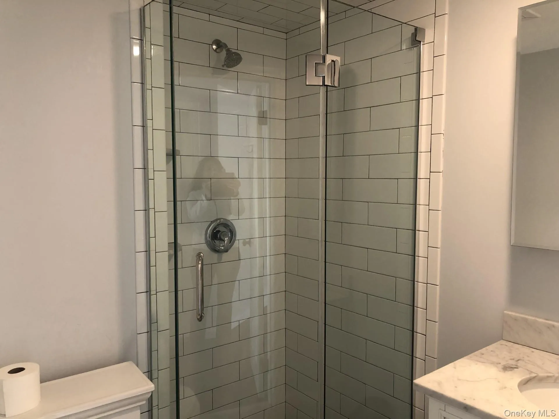 Bathroom with toilet, vanity, and a stall shower Bathroom with toilet, vanity, and a stall shower