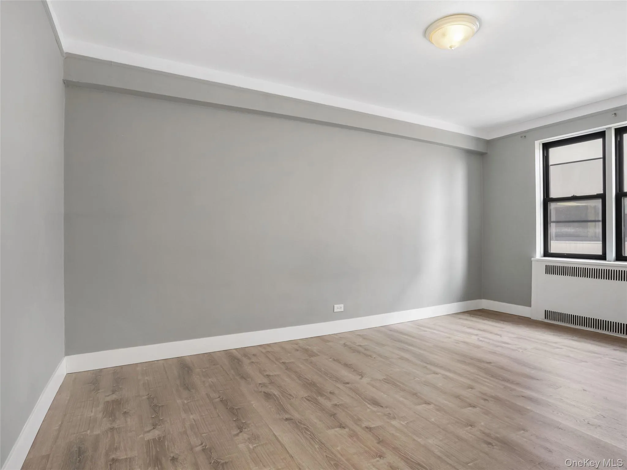 Spacious bedroom has crown molding and wood floor Spacious bedroom has crown molding and wood floor