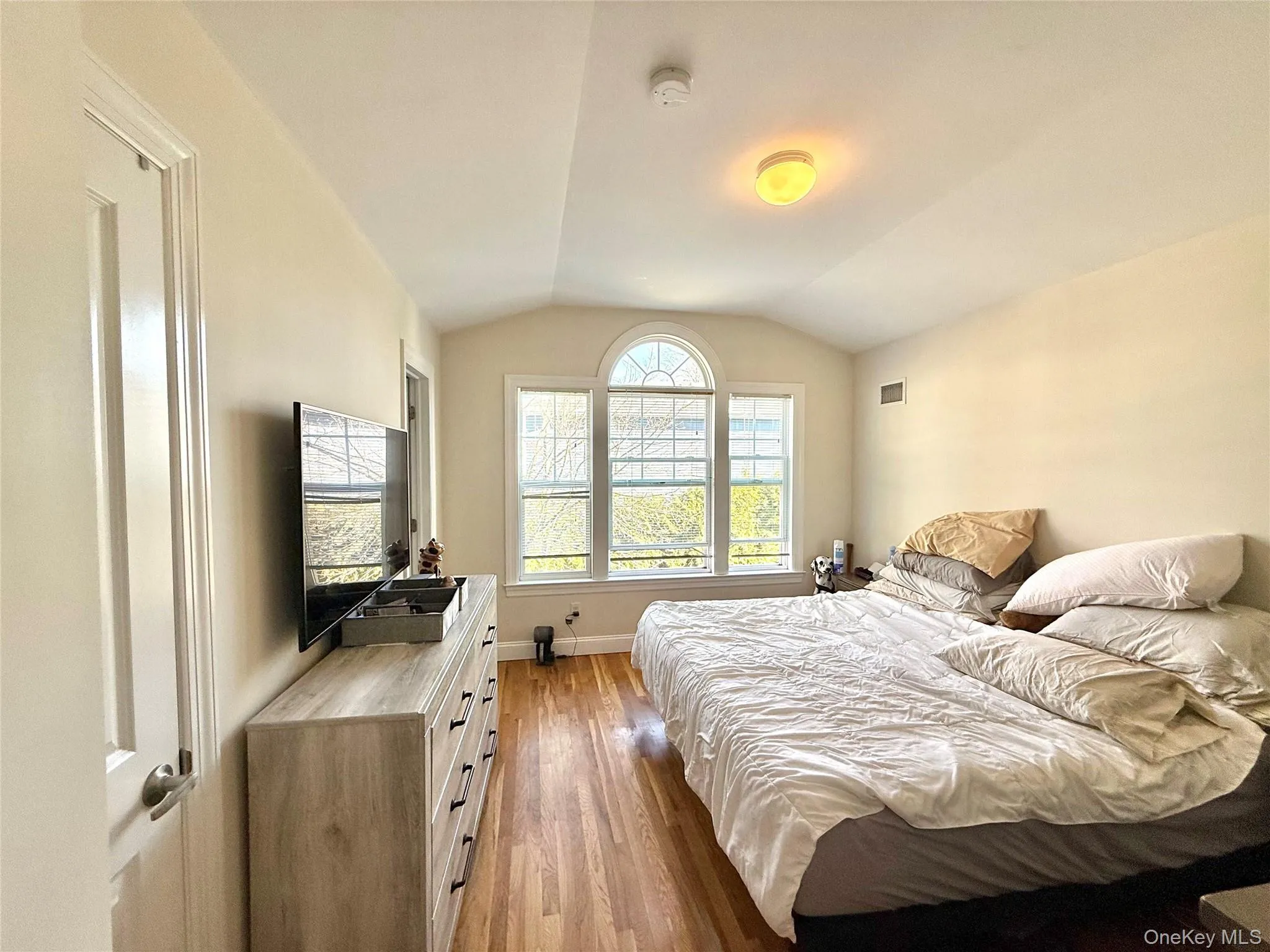 Bedroom featuring vaulted ceiling and light wood-type flooring Bedroom featuring vaulted ceiling and light wood-type flooring