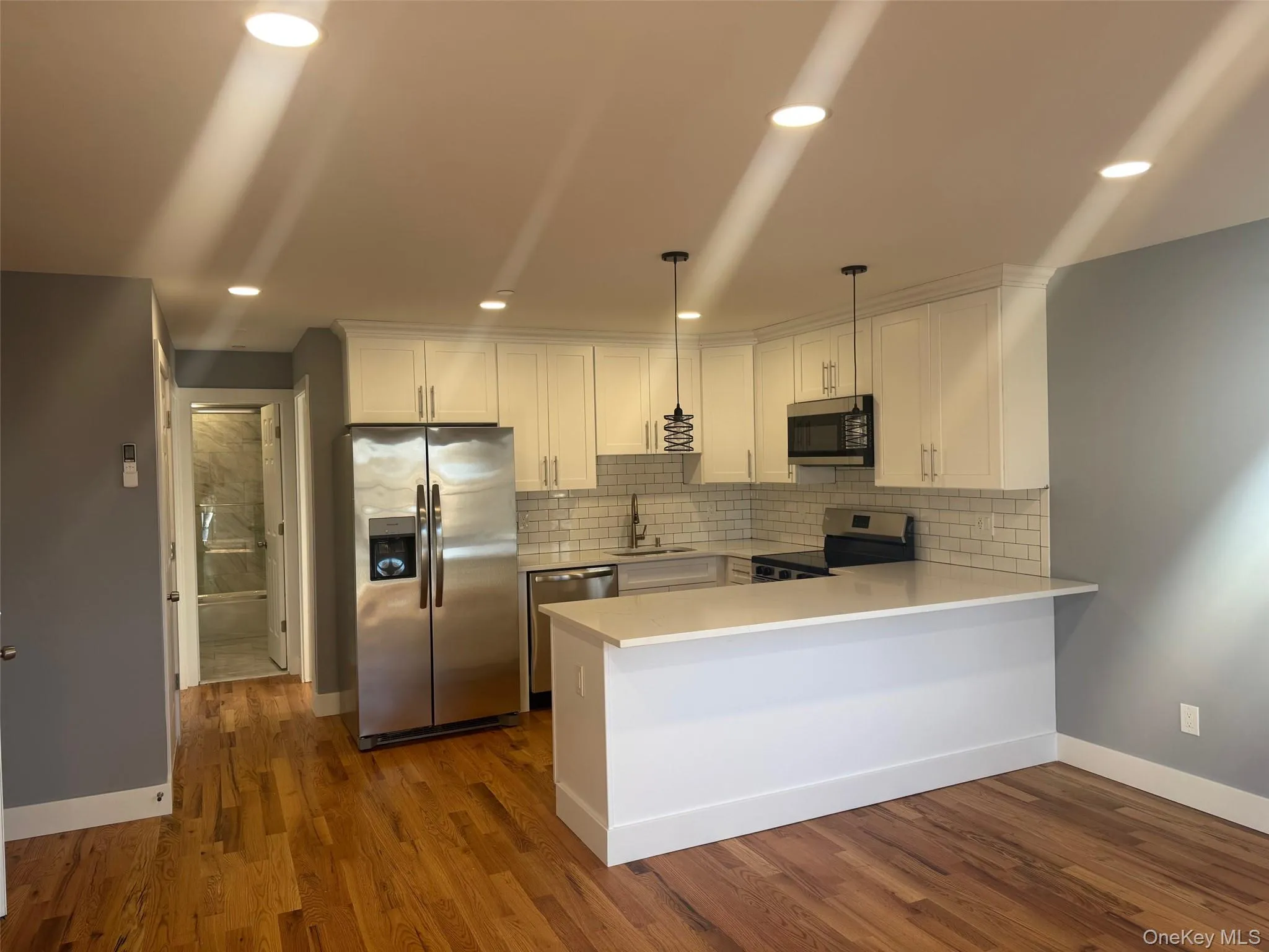 Kitchen featuring stainless steel appliances, white cabinetry, a peninsula, tasteful backsplash, and dark wood-style floors Kitchen featuring stainless steel appliances, white cabinetry, a peninsula, tasteful backsplash, and dark wood-style floors
