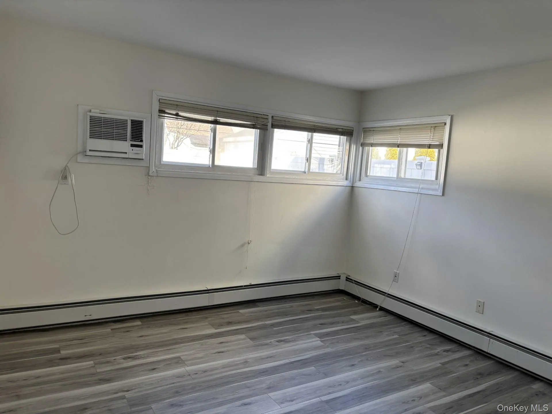 Unfurnished room featuring plenty of natural light, wood finished floors, a wall mounted AC, and a baseboard radiator Unfurnished room featuring plenty of natural light, wood finished floors, a wall mounted AC, and a baseboard radiator