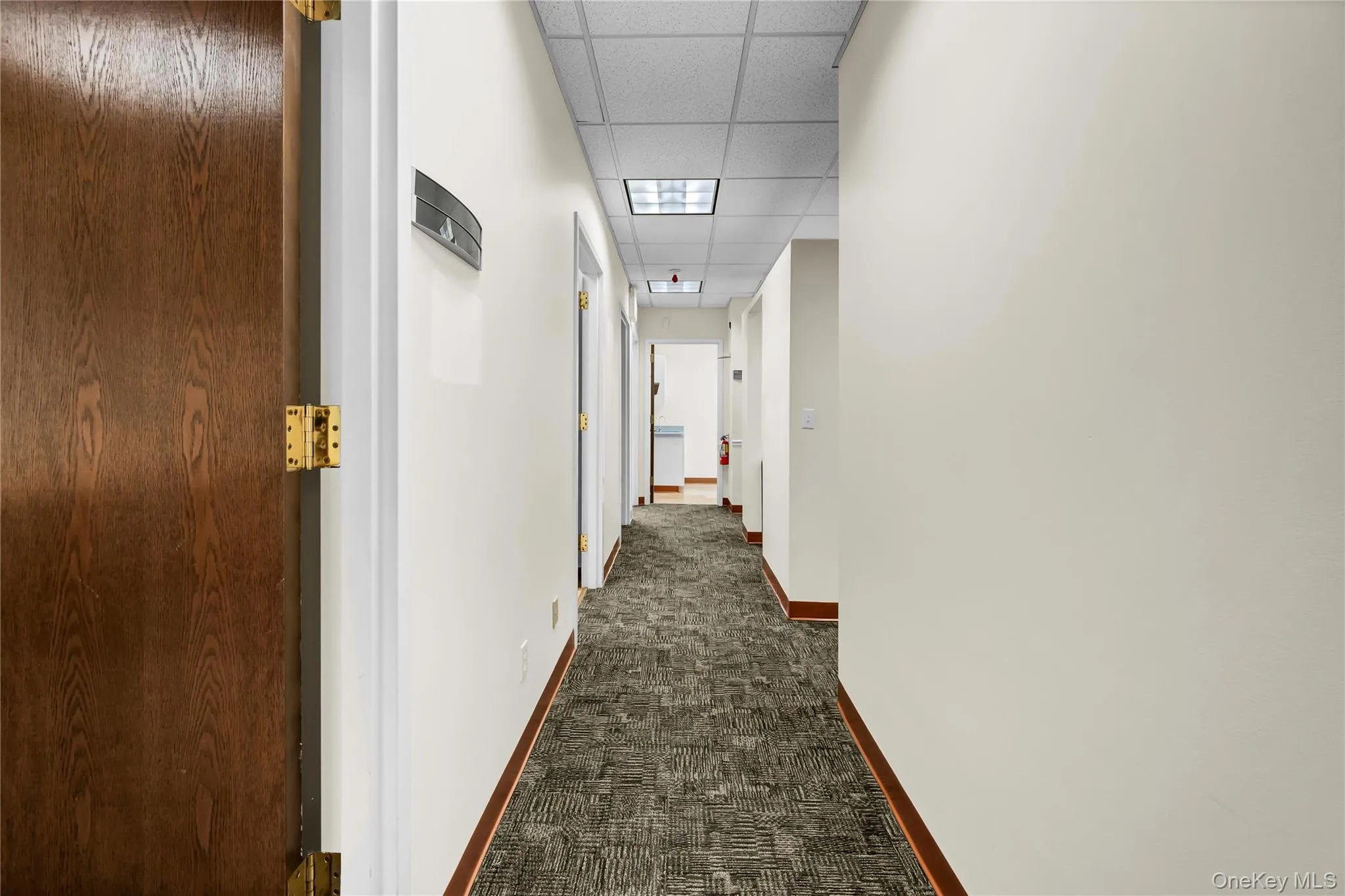 Corridor with dark colored carpet and a drop ceiling Corridor with dark colored carpet and a drop ceiling