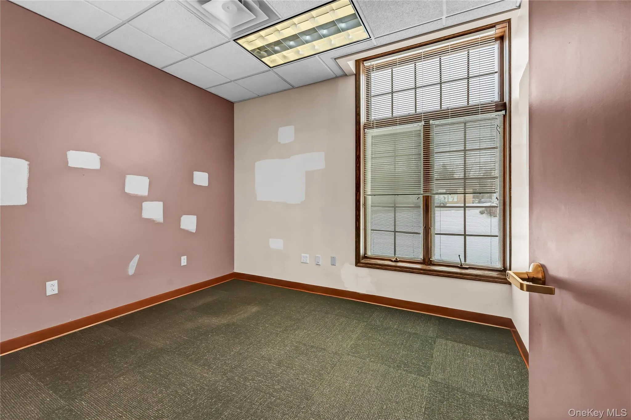 Spare room with a drop ceiling and dark colored carpet Spare room with a drop ceiling and dark colored carpet