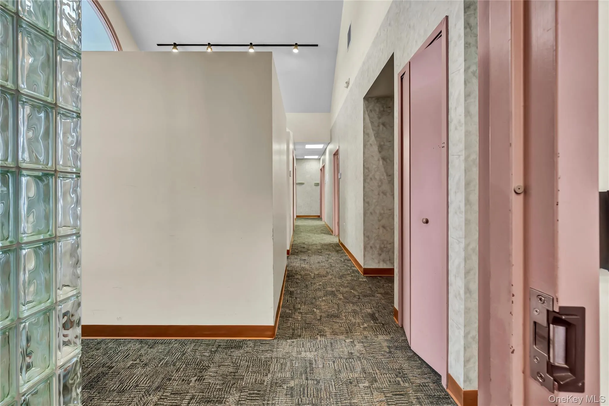 Hallway with dark carpet and track lighting Hallway with dark carpet and track lighting