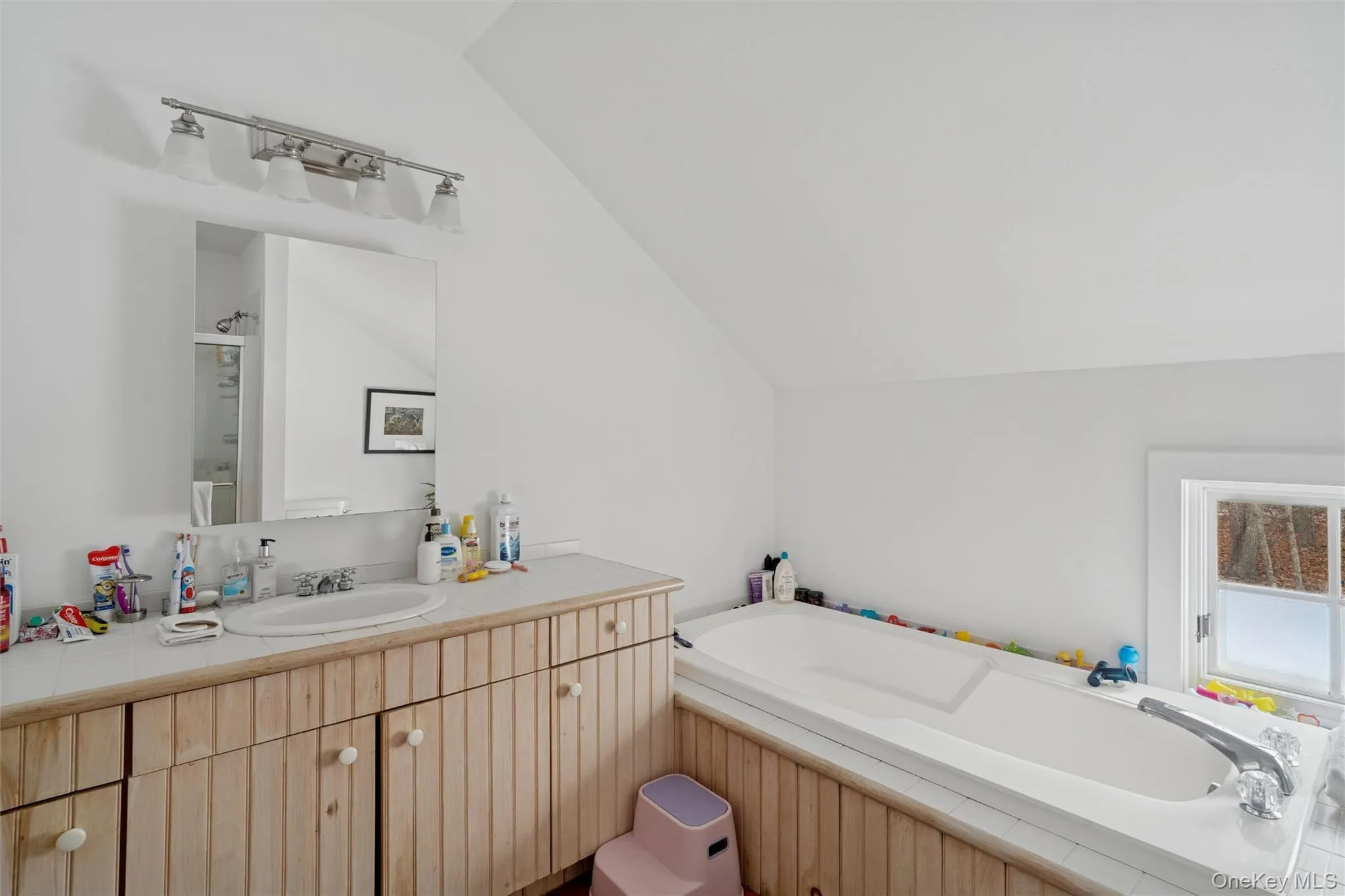Full bathroom with lofted ceiling, vanity, and a bath Full bathroom with lofted ceiling, vanity, and a bath