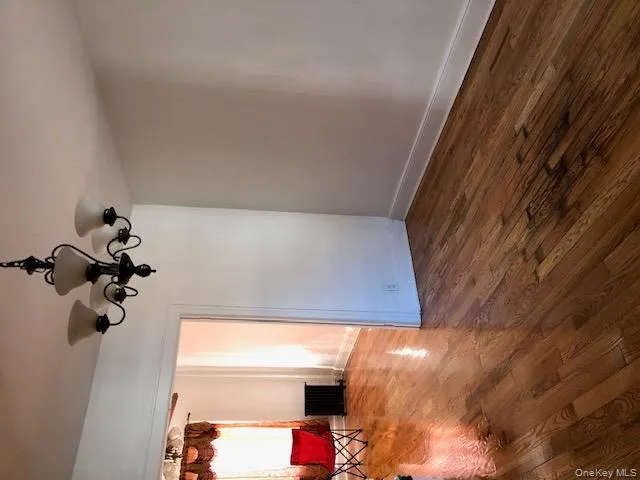 Unfurnished room featuring a chandelier, dark wood-type flooring, and radiator heating unit Unfurnished room featuring a chandelier, dark wood-type flooring, and radiator heating unit