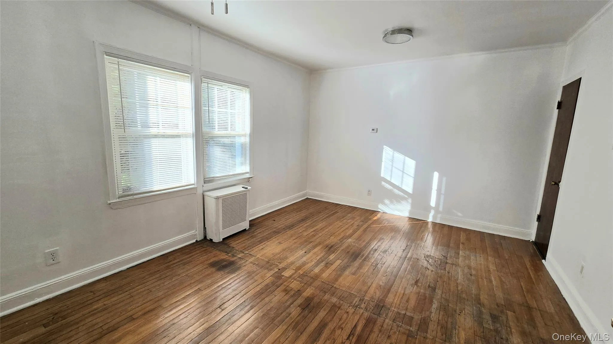 Spare room with dark wood finished floors, radiator, and crown molding Spare room with dark wood finished floors, radiator, and crown molding