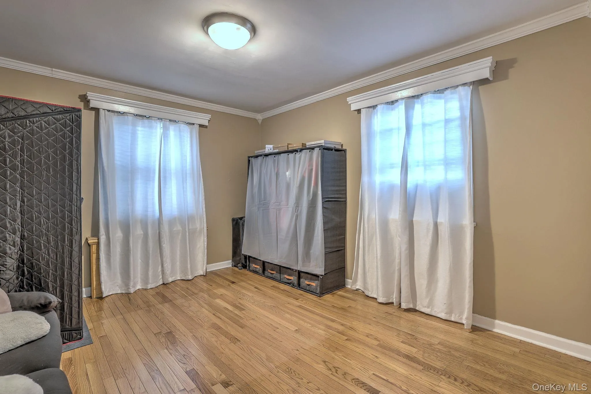 Unfurnished room featuring ornamental molding and light wood-style floors Unfurnished room featuring ornamental molding and light wood-style floors