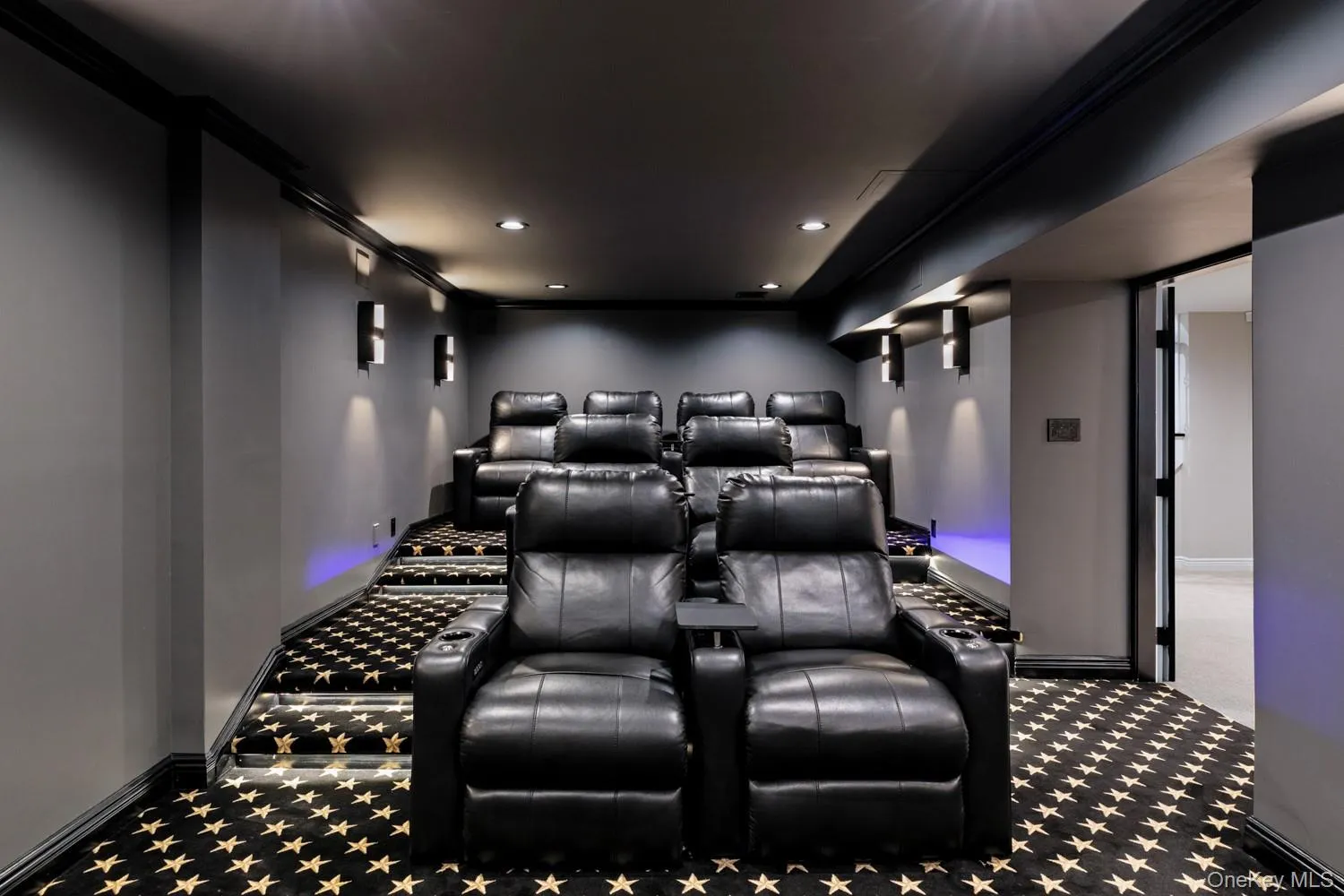 Carpeted home theater with baseboards and recessed lighting Carpeted home theater with baseboards and recessed lighting