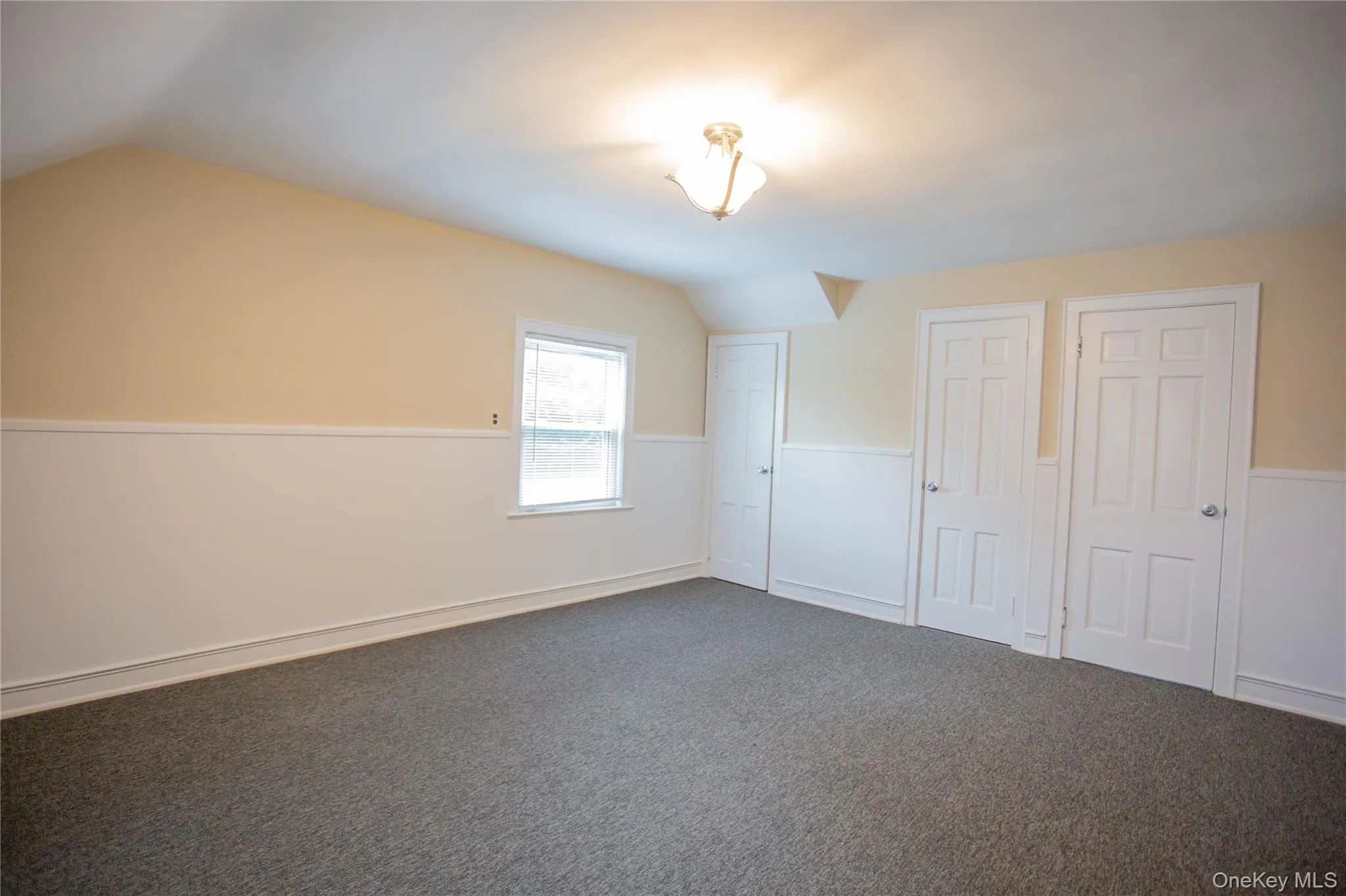 Unfurnished bedroom featuring vaulted ceiling, a closet, carpet floors, and a wainscoted wall Unfurnished bedroom featuring vaulted ceiling, a closet, carpet floors, and a wainscoted wall
