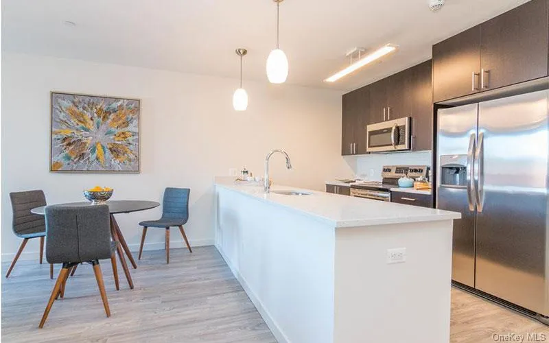 Kitchen with appliances with stainless steel finishes, a peninsula, hanging light fixtures, and light wood-style floors Kitchen with appliances with stainless steel finishes, a peninsula, hanging light fixtures, and light wood-style floors