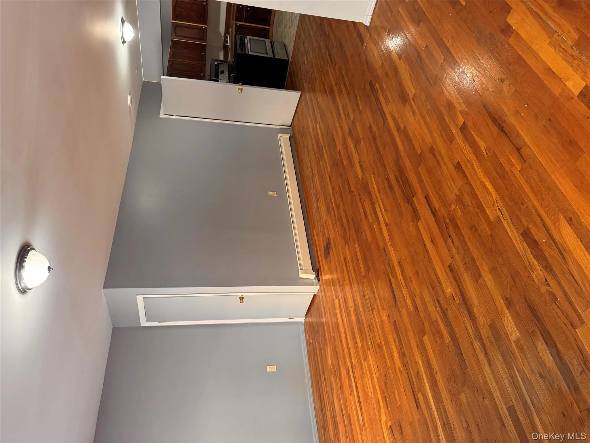 Unfurnished living room featuring a baseboard radiator and dark wood-style floors Unfurnished living room featuring a baseboard radiator and dark wood-style floors