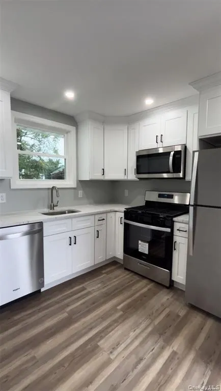 Kitchen featuring appliances with stainless steel finishes, white cabinets, dark wood-style flooring, and recessed lighting Kitchen featuring appliances with stainless steel finishes, white cabinets, dark wood-style flooring, and recessed lighting
