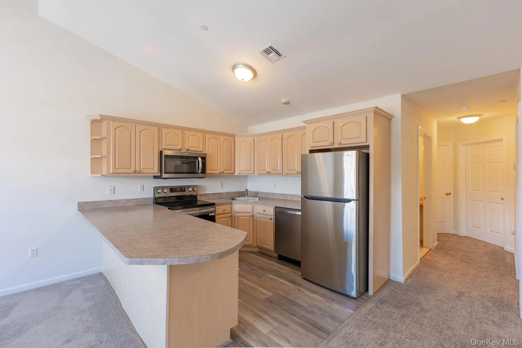 Kitchen featuring stainless steel appliances, light carpet, light brown cabinets, and high vaulted ceiling Kitchen featuring stainless steel appliances, light carpet, light brown cabinets, and high vaulted ceiling