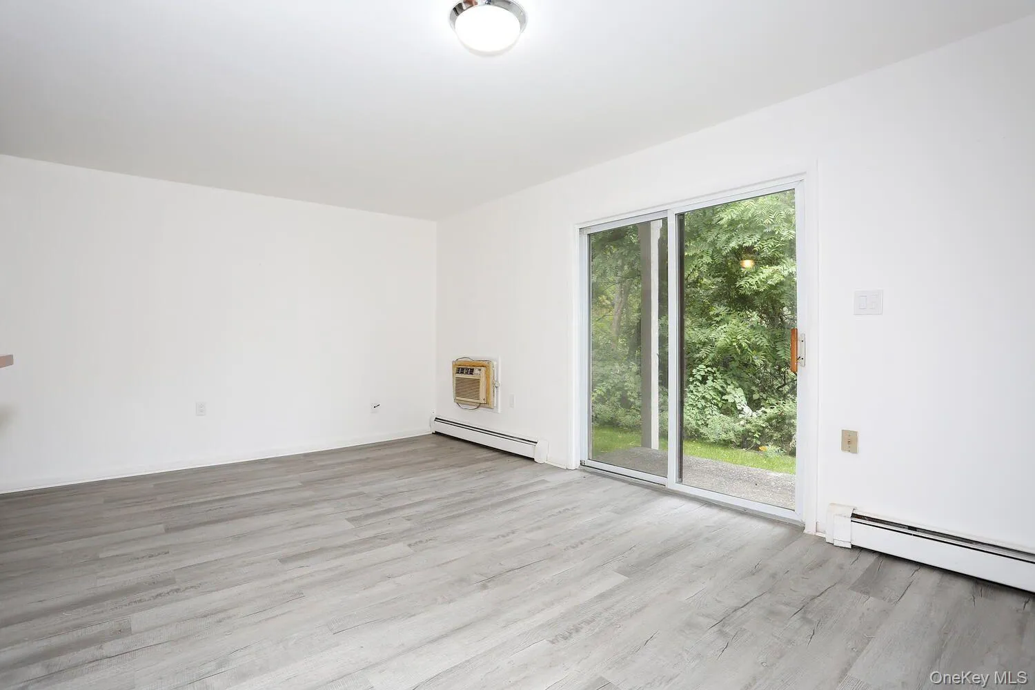 Empty room with a baseboard radiator, light wood-style floors, and a wall unit AC Empty room with a baseboard radiator, light wood-style floors, and a wall unit AC