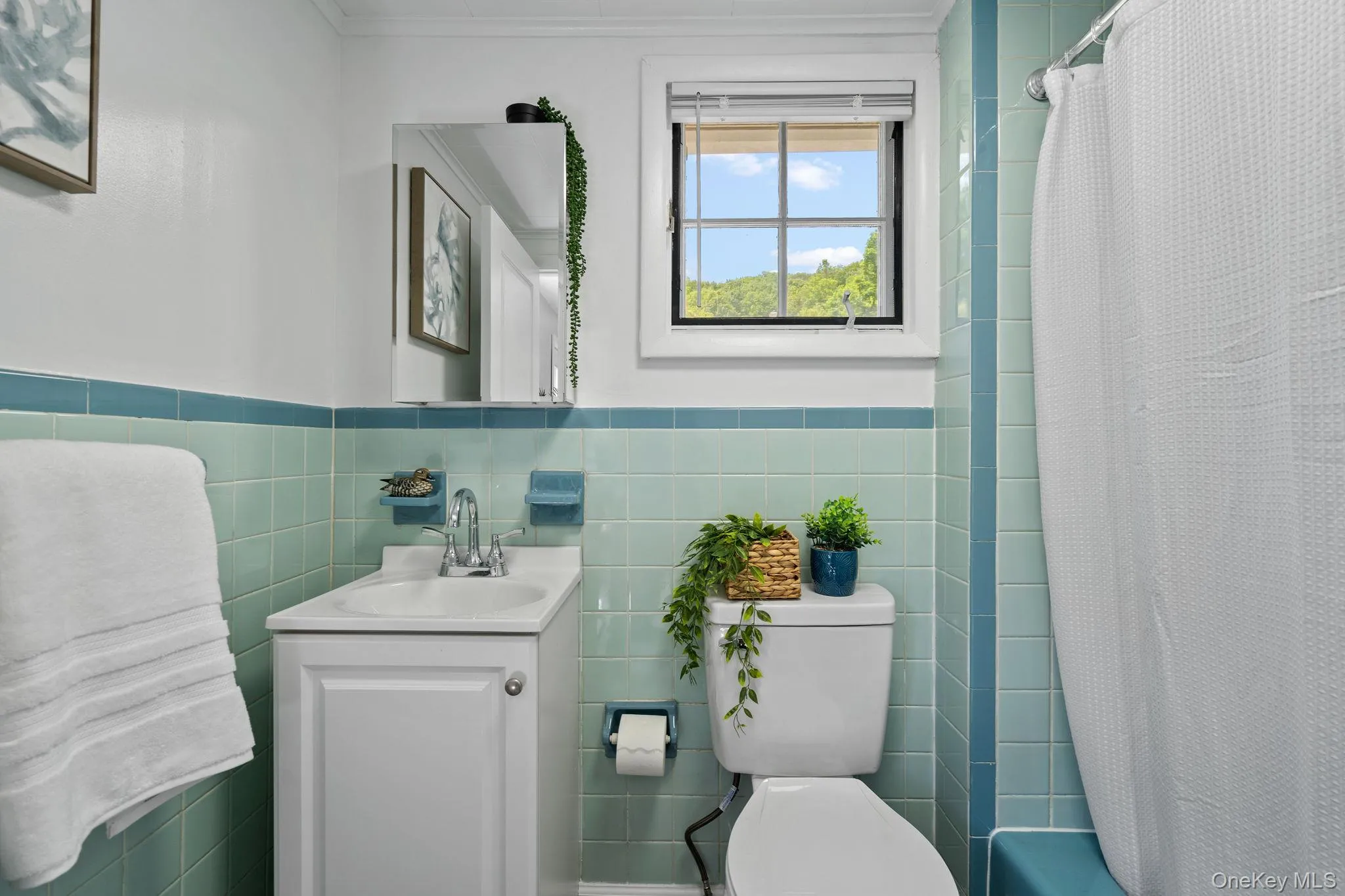 Full bathroom featuring vanity, wainscoting, tile walls, and crown molding Full bathroom featuring vanity, wainscoting, tile walls, and crown molding