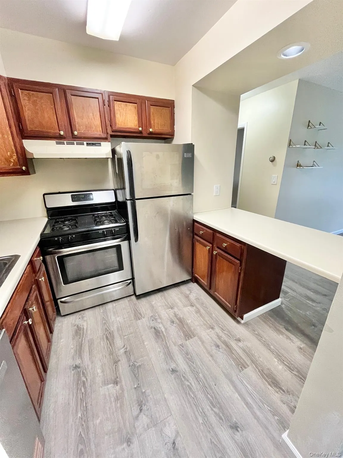 Kitchen featuring stainless steel appliances, light countertops, a peninsula, light wood finished floors, and under cabinet range hood Kitchen featuring stainless steel appliances, light countertops, a peninsula, light wood finished floors, and under cabinet range hood