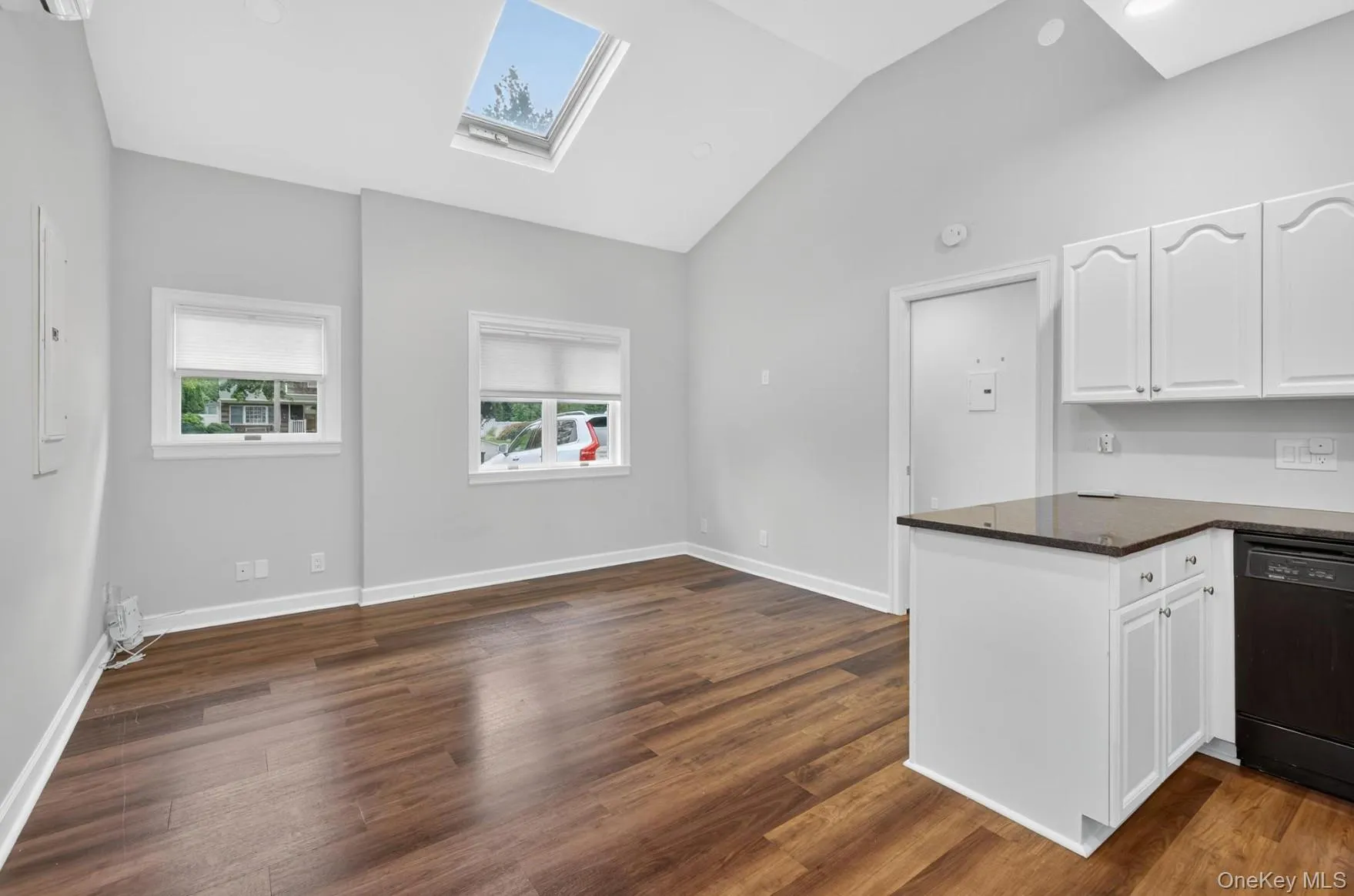 Kitchen featuring white cabinets, black dishwasher, lofted ceiling, a skylight, and dark wood-style floors Kitchen featuring white cabinets, black dishwasher, lofted ceiling, a skylight, and dark wood-style floors