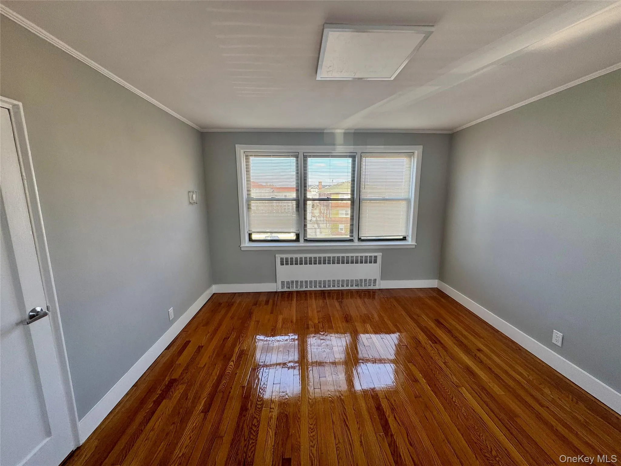 Spare room with radiator heating unit, wood-type flooring, and ornamental molding Spare room with radiator heating unit, wood-type flooring, and ornamental molding