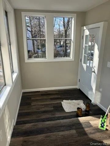 Doorway featuring plenty of natural light and wood finished floors Doorway featuring plenty of natural light and wood finished floors