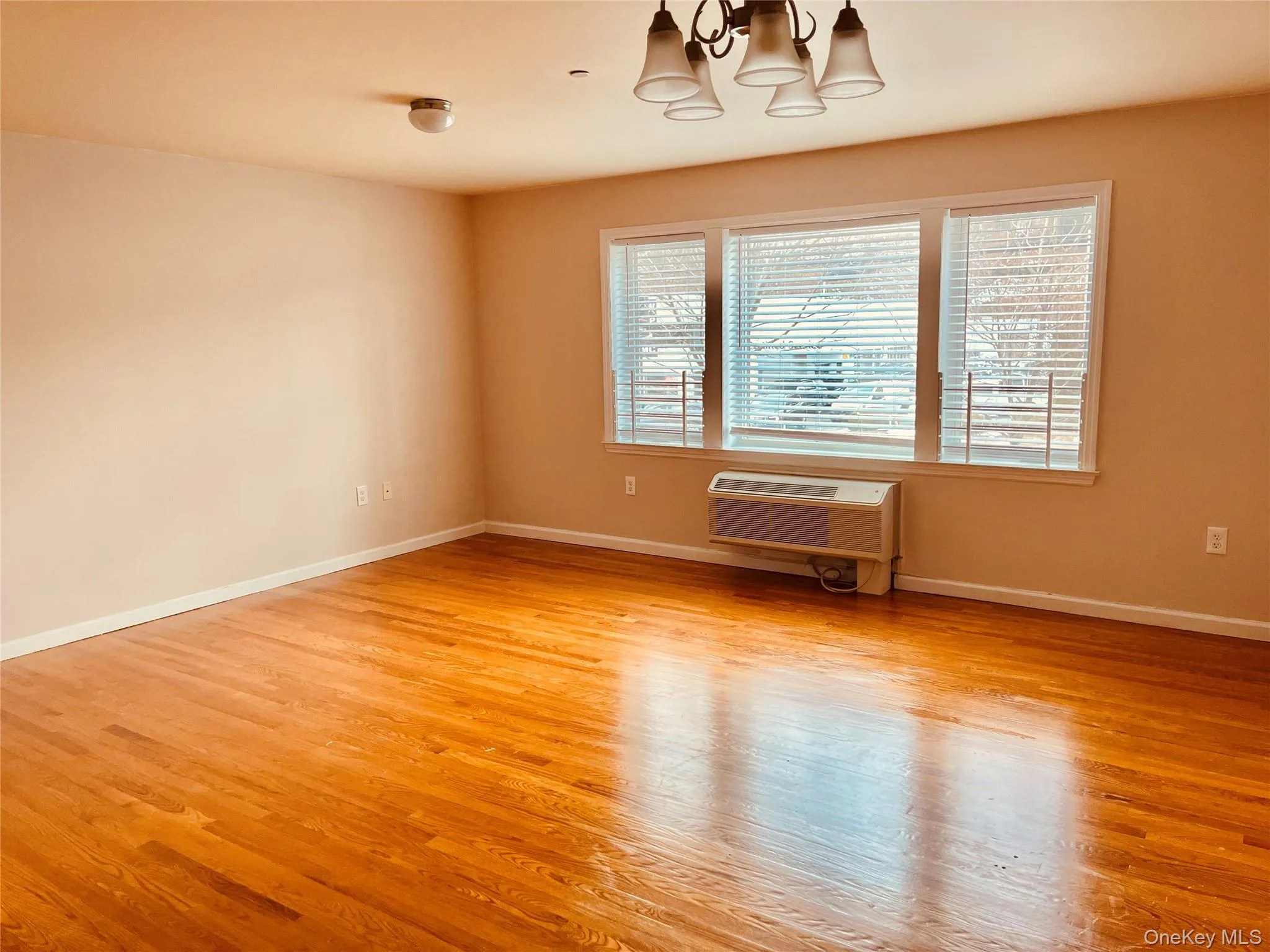 Empty room featuring light wood-style floors, a chandelier, and a wall mounted AC Empty room featuring light wood-style floors, a chandelier, and a wall mounted AC