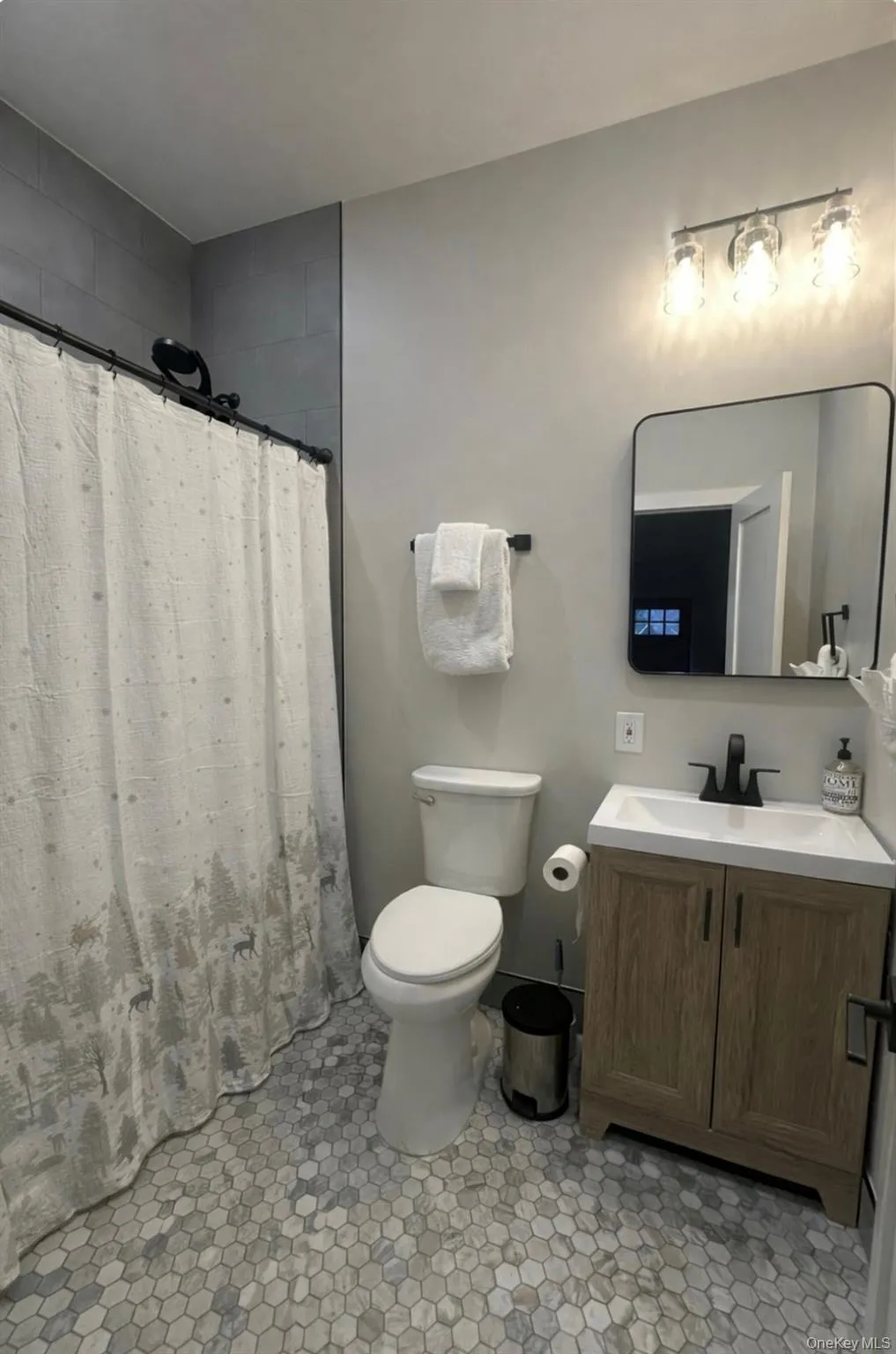 Full bathroom featuring a shower with shower curtain and vanity Full bathroom featuring a shower with shower curtain and vanity