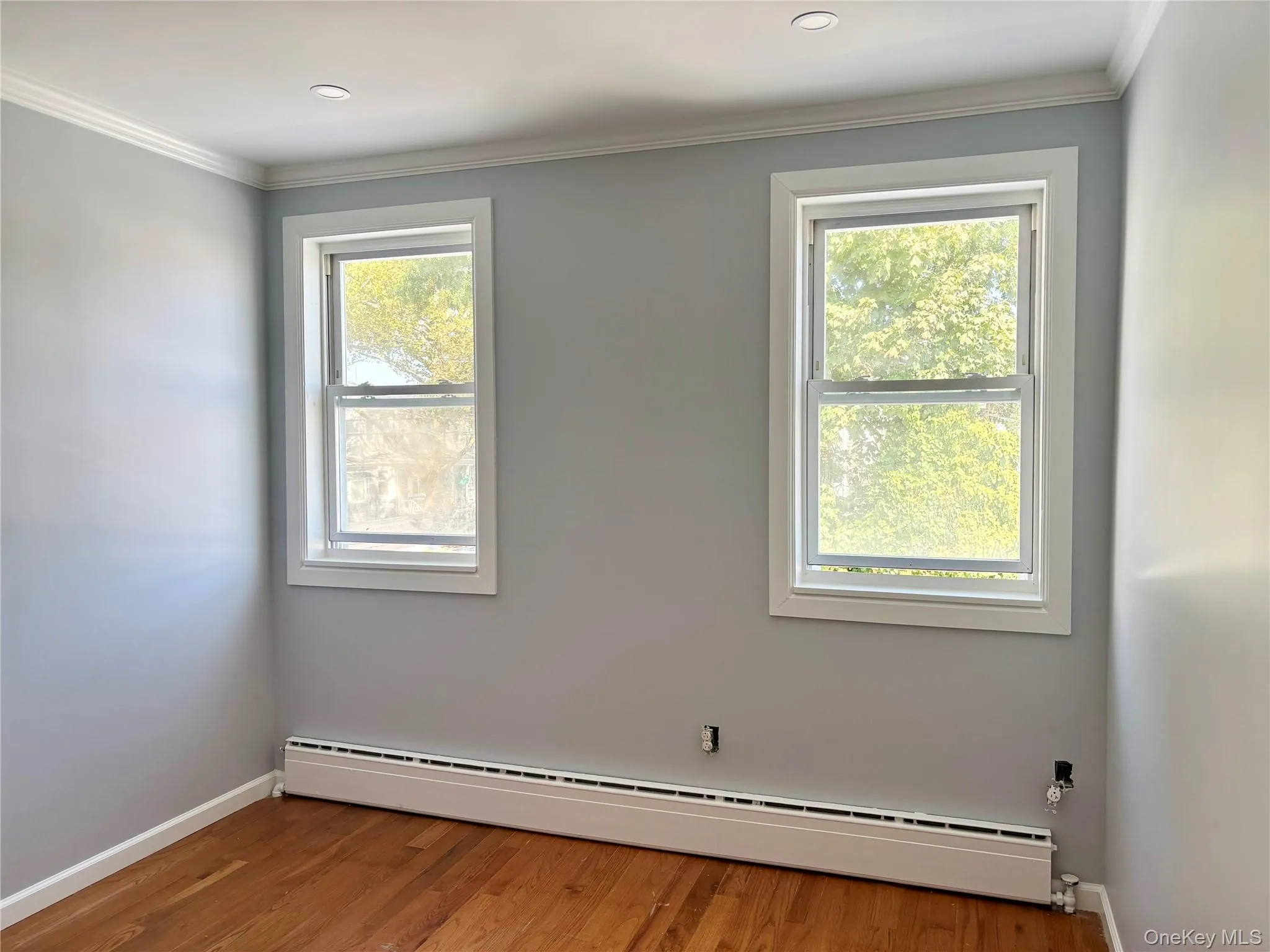 Spare room featuring baseboard heating, wood finished floors, and crown molding Spare room featuring baseboard heating, wood finished floors, and crown molding
