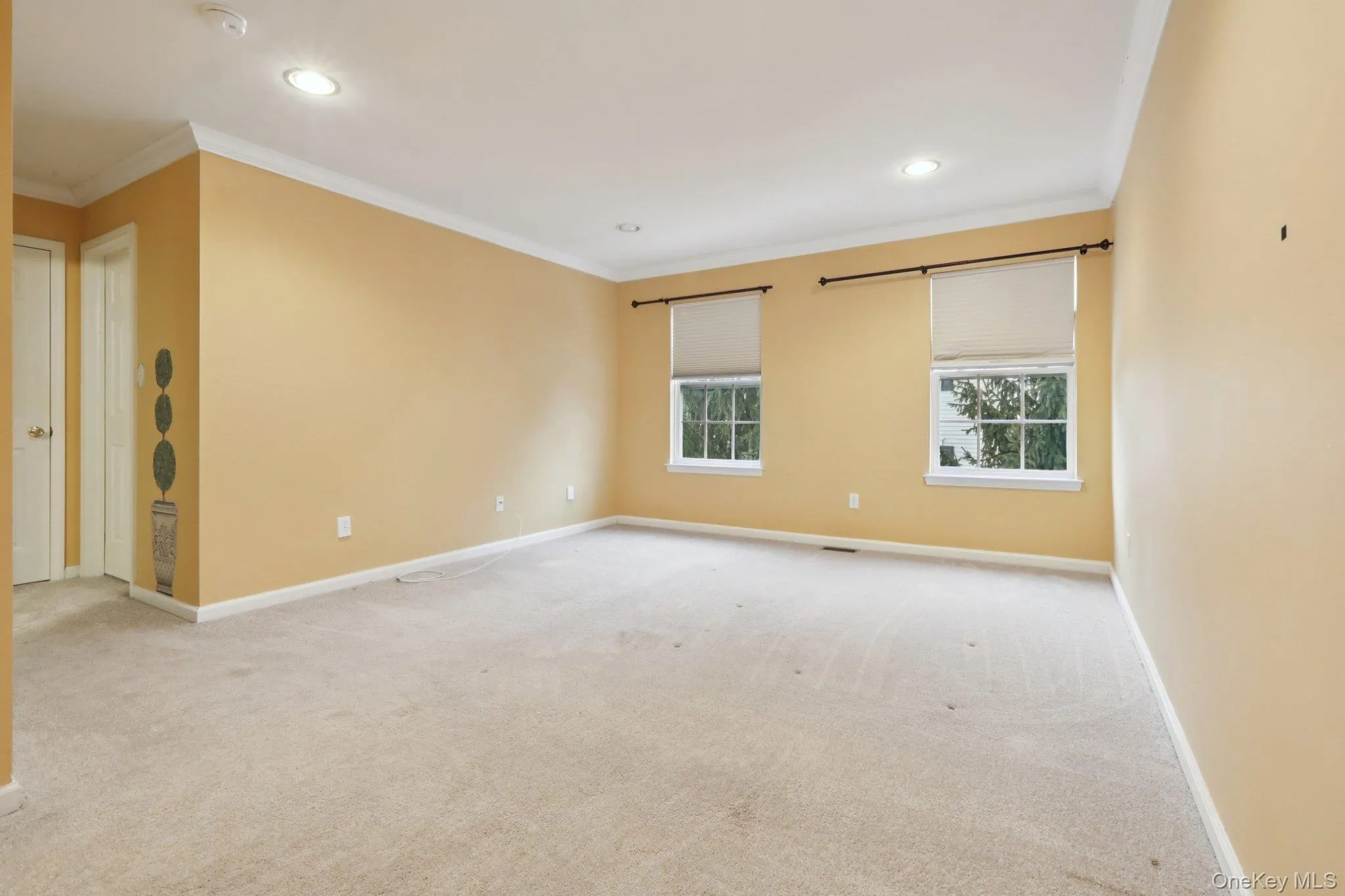 Carpeted spare room with ornamental molding and recessed lighting Carpeted spare room with ornamental molding and recessed lighting